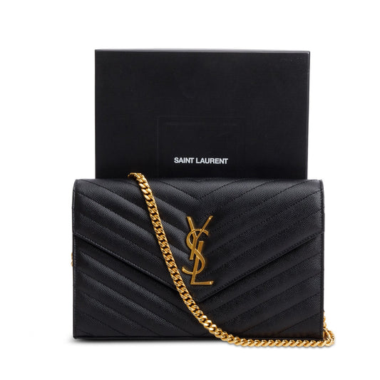 Saint Laurent 2022 Black Grain De Poudre Cassandre Envelope Chain Wallet