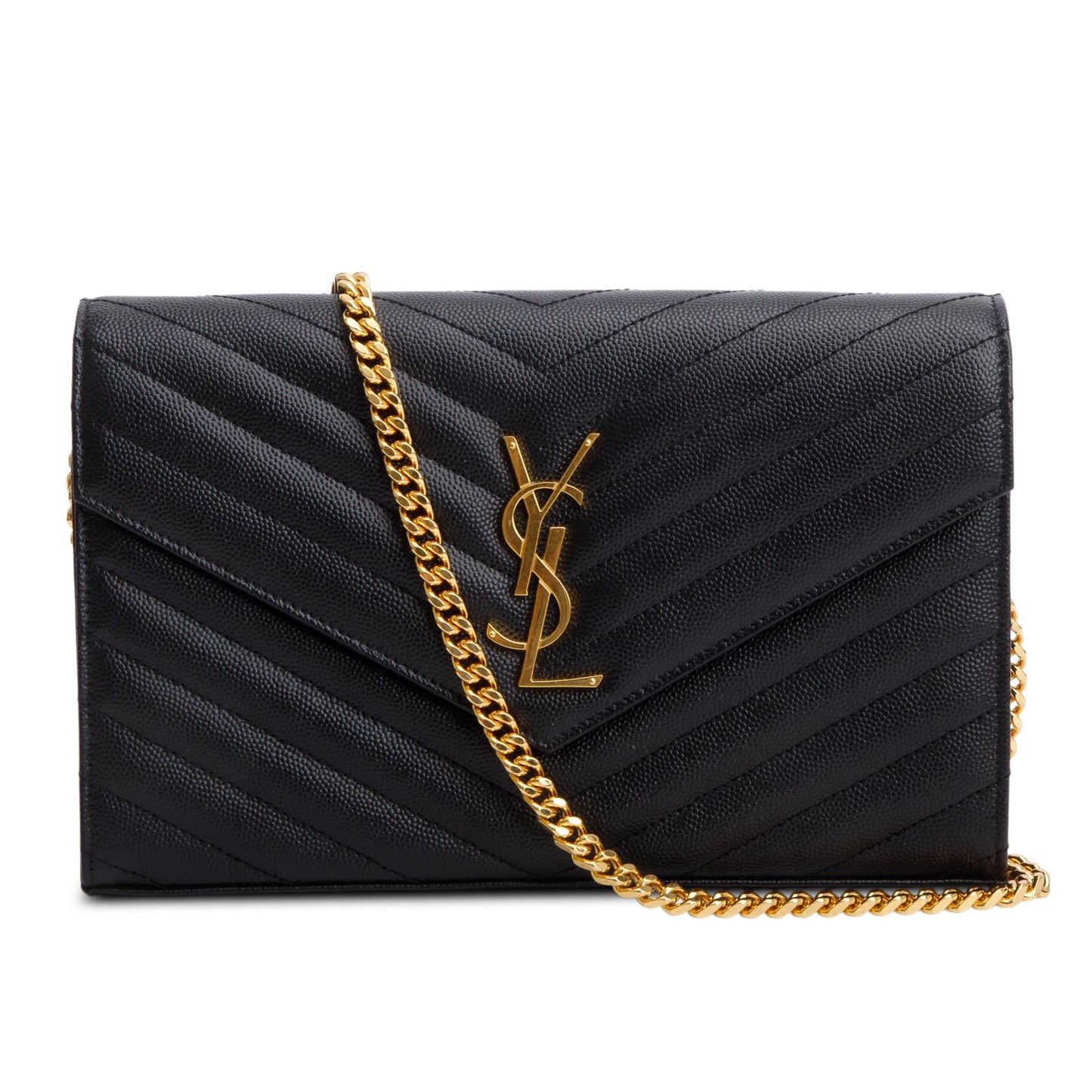 Saint Laurent 2022 Black Grain De Poudre Cassandre Envelope Chain Wallet