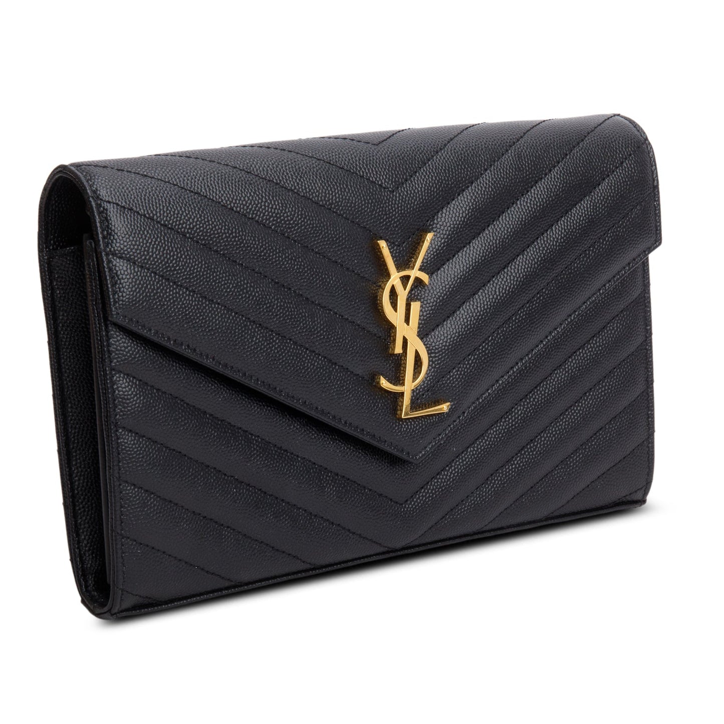 Saint Laurent 2022 Black Grain De Poudre Cassandre Envelope Chain Wallet