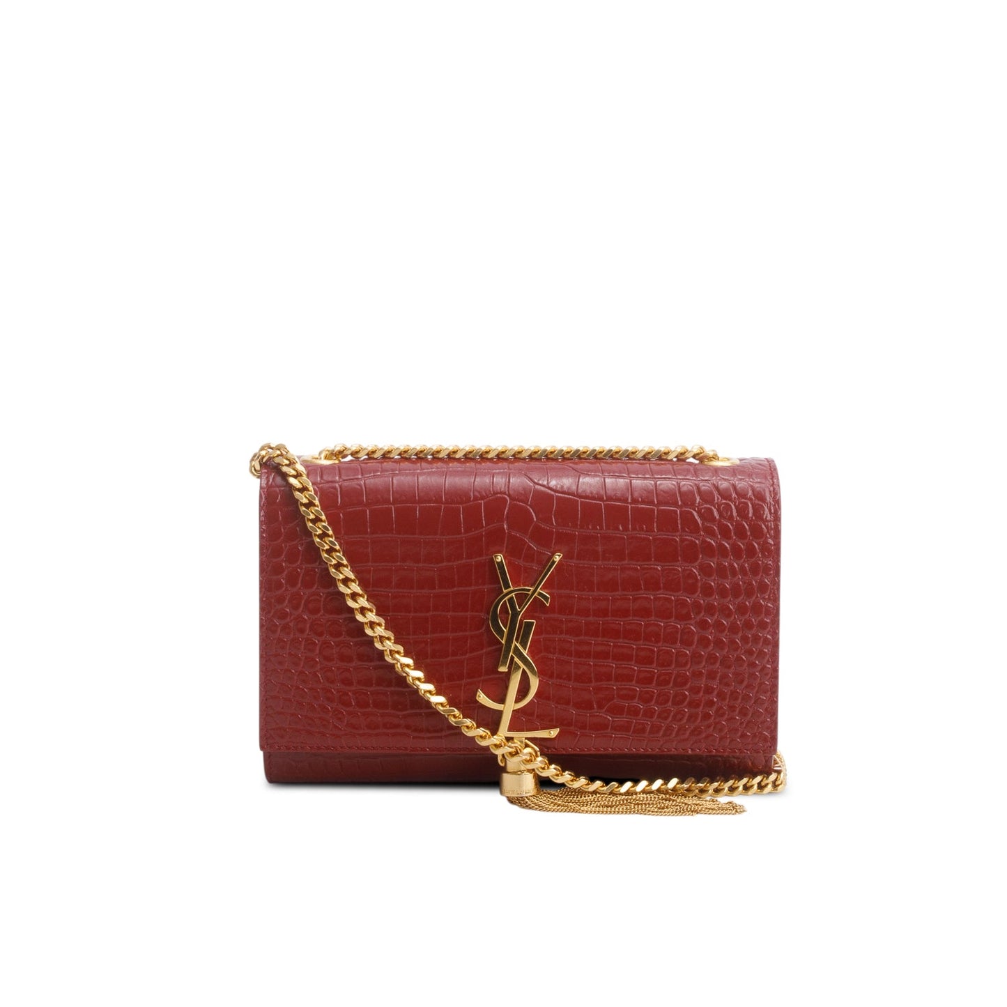 Saint Laurent 2020 Red Croc-Embossed Leather Small Classic Monogram Kate Tassel Chain Bag
