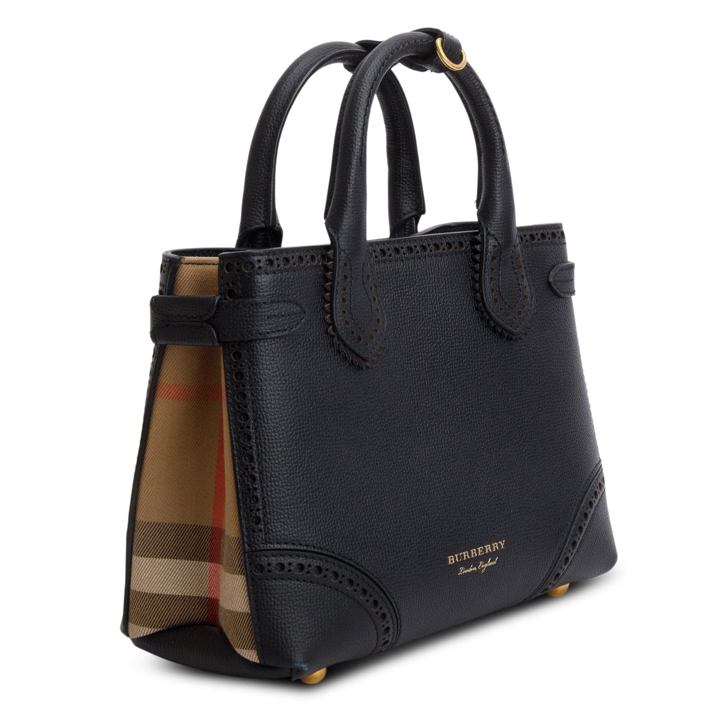 Burberry Black Grainy Calfskin Perforated House Check Small Brogue Banner Tote