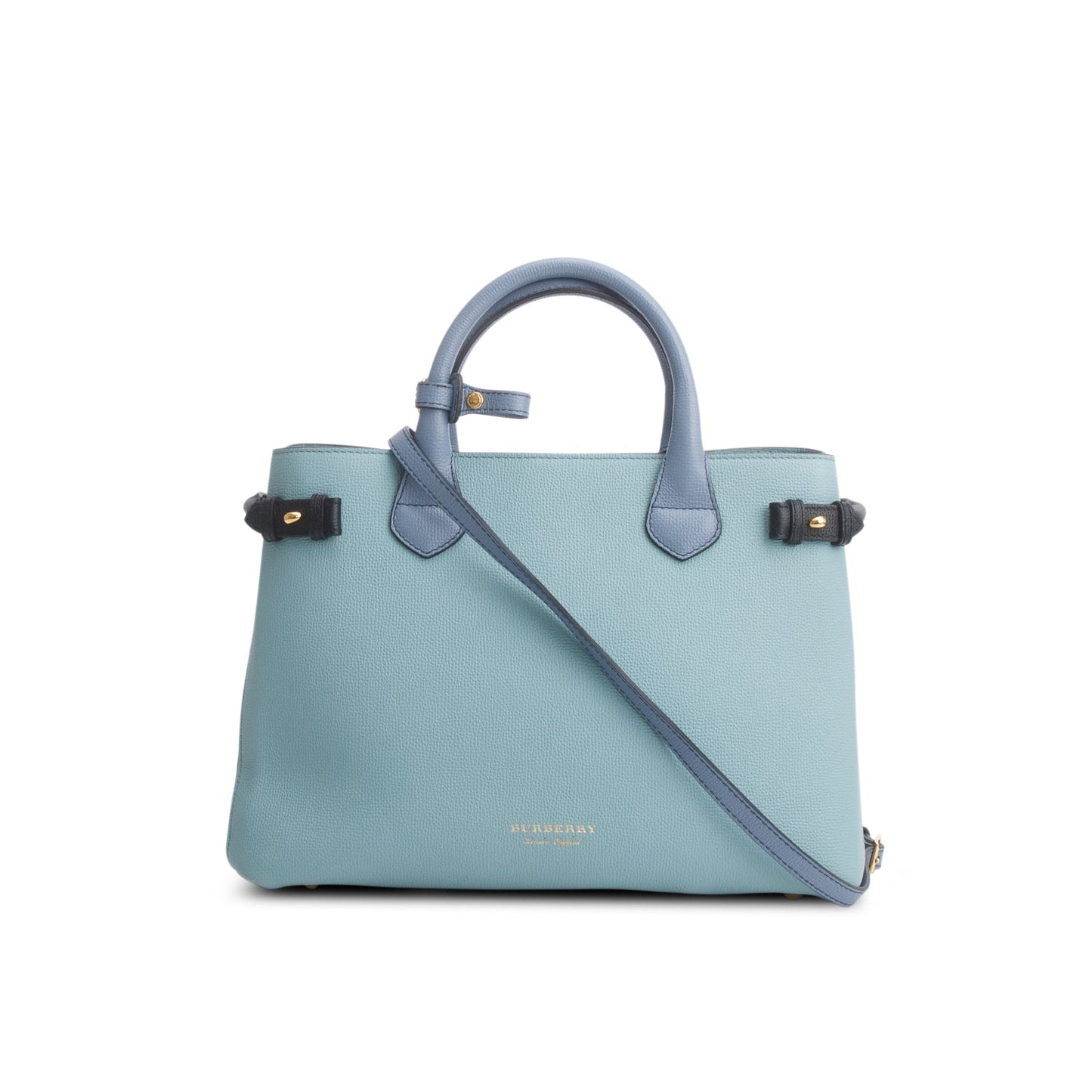 Burberry Teal Grainy Calfskin Leather House Check Medium Banner Tote