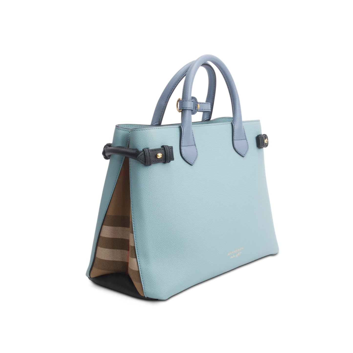 Burberry Teal Grainy Calfskin Leather House Check Medium Banner Tote