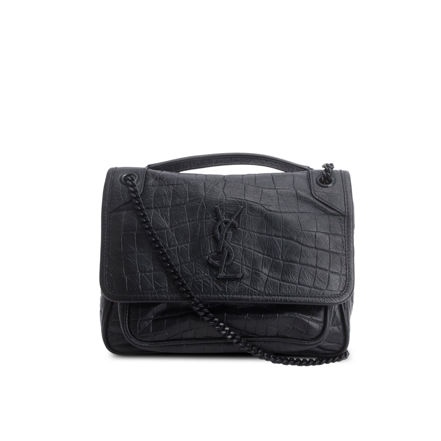 Saint Laurent 2020 Black Croc-Embossed Calfskin Matelasse Leather Baby Niki Shoulder Bag