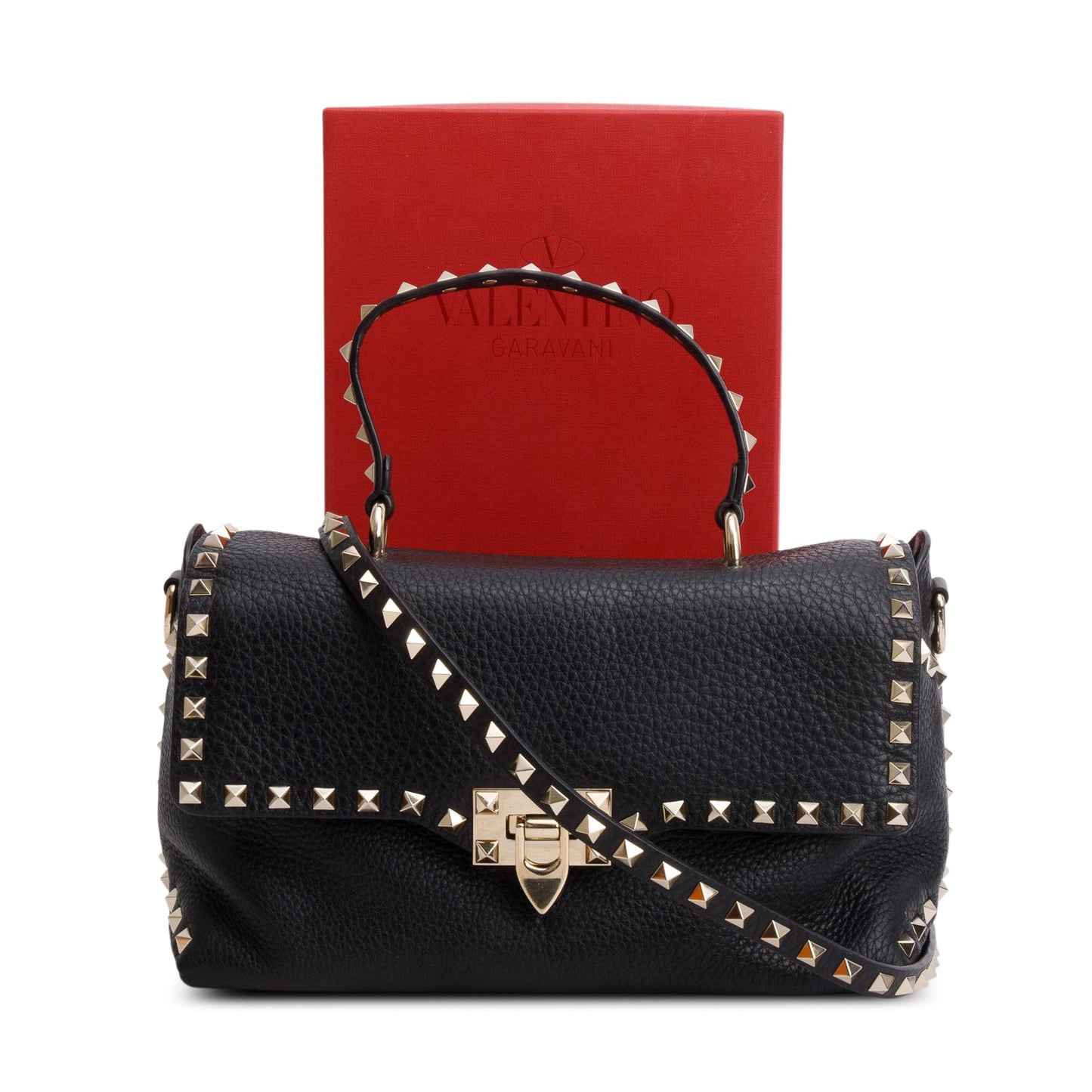 Valentino Black Grained Calfskin Leather Rockstud Top Handle Bag