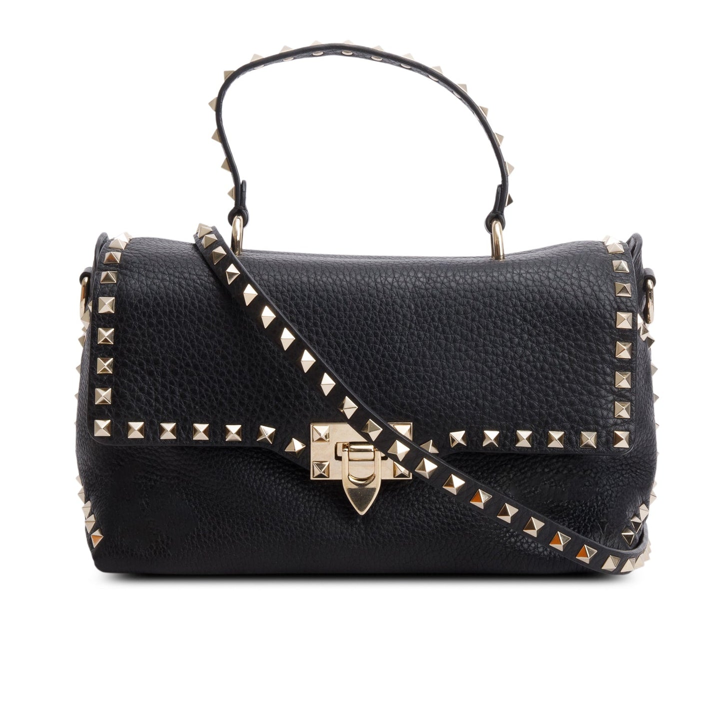 Valentino Black Grained Calfskin Leather Rockstud Top Handle Bag
