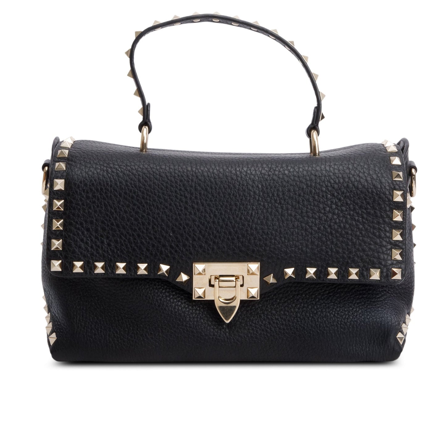 Valentino Black Grained Calfskin Leather Rockstud Top Handle Bag