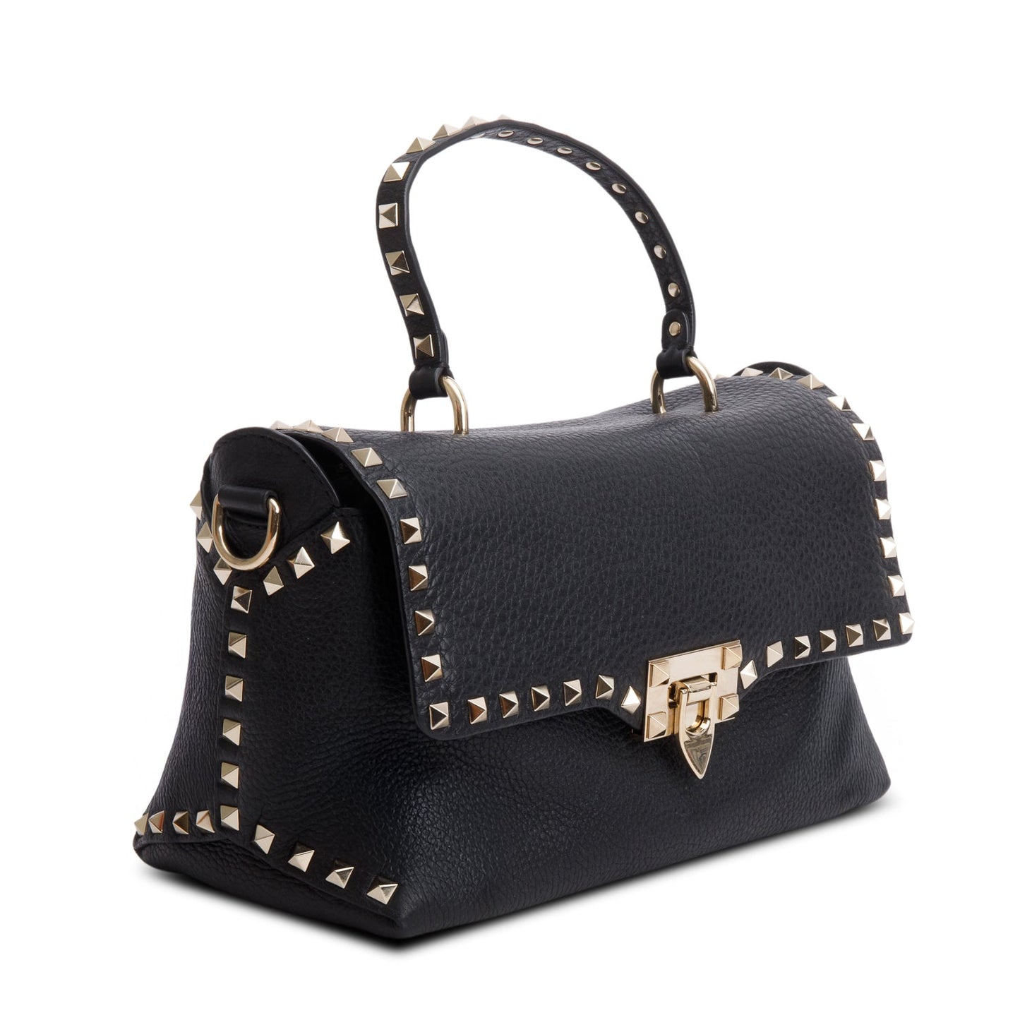 Valentino Black Grained Calfskin Leather Rockstud Top Handle Bag