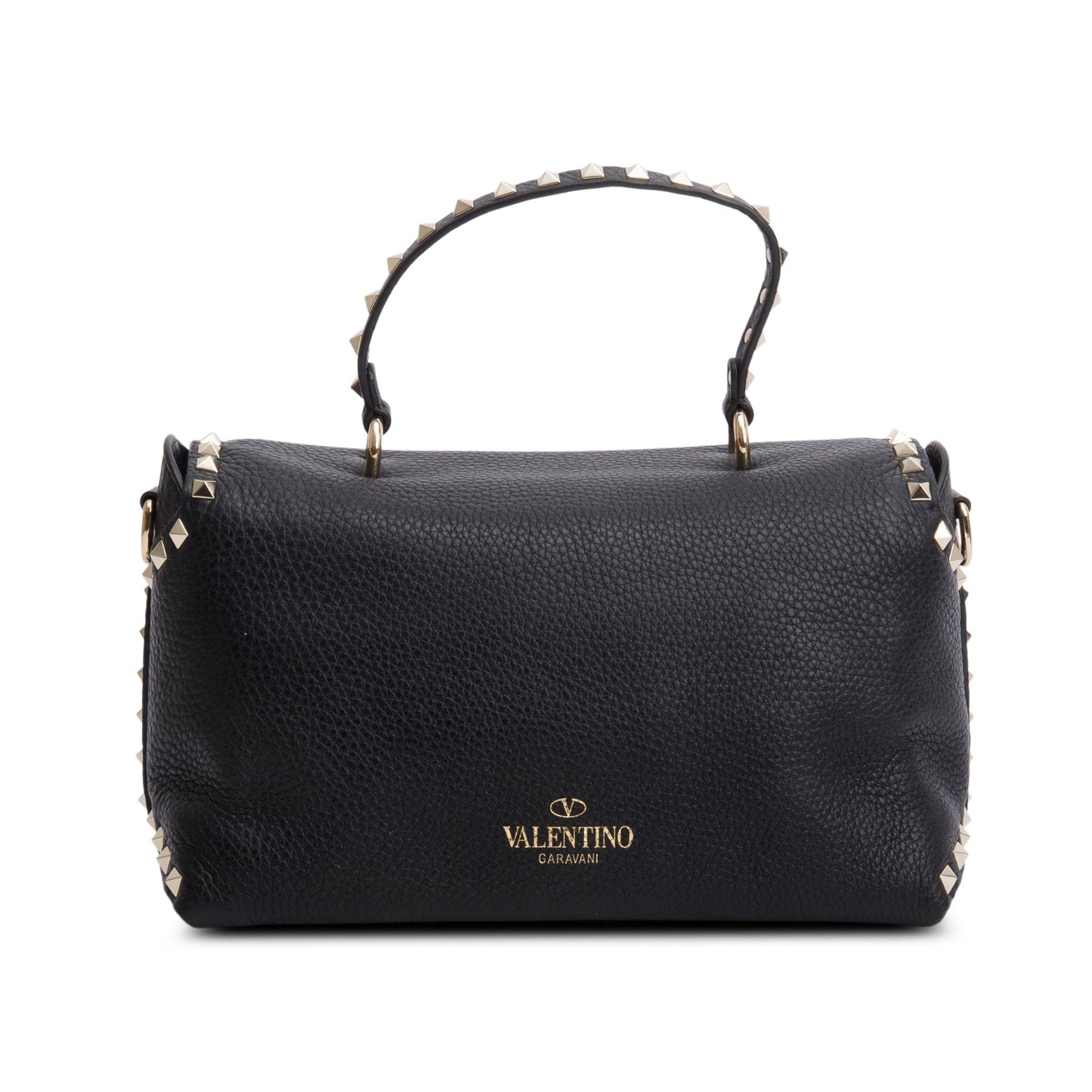 Valentino Black Grained Calfskin Leather Rockstud Top Handle Bag