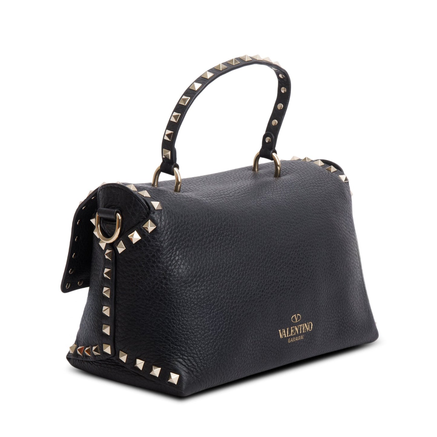 Valentino Black Grained Calfskin Leather Rockstud Top Handle Bag