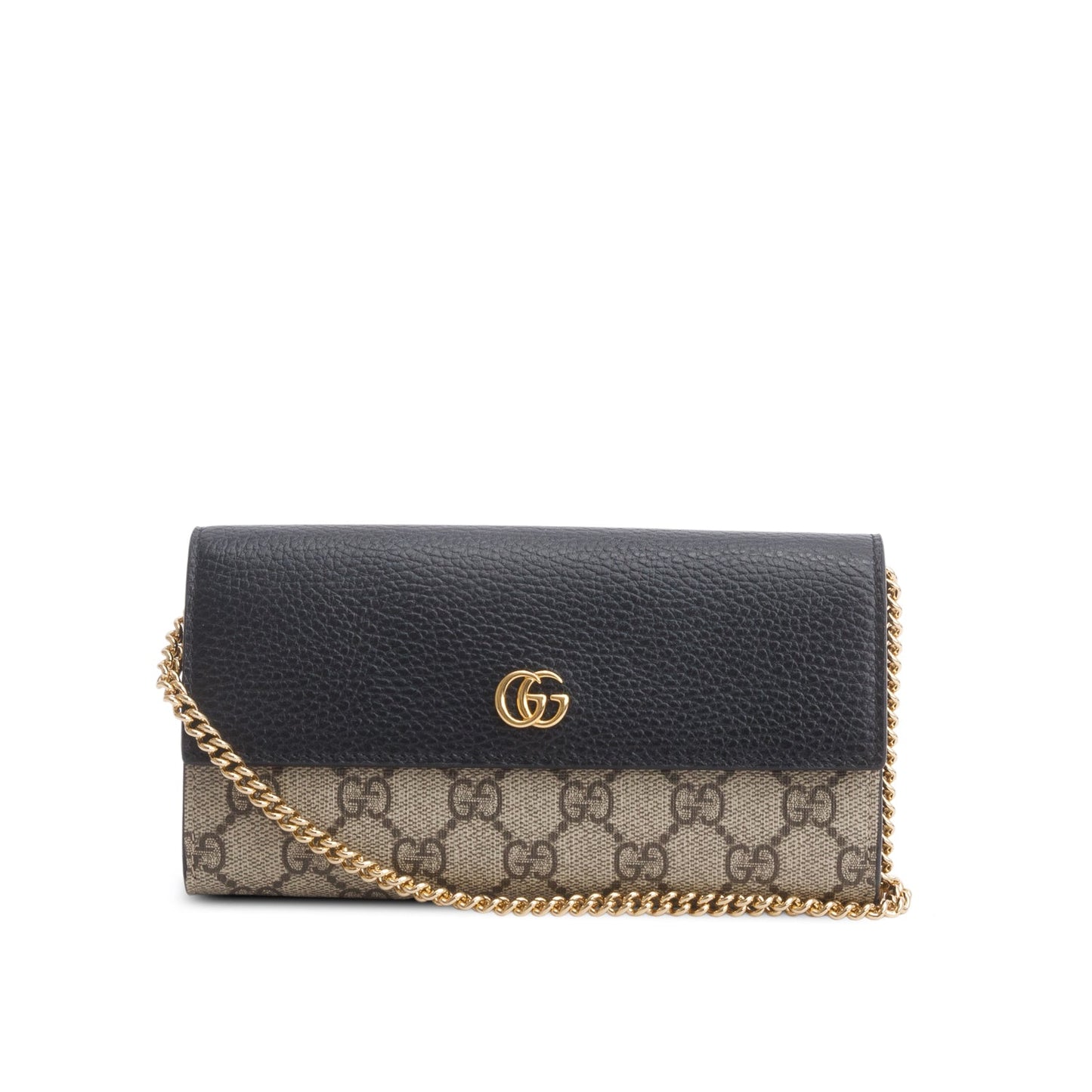 Gucci Black Calfskin Leather GG Supreme Marmont Bi-Color Wallet On Chain