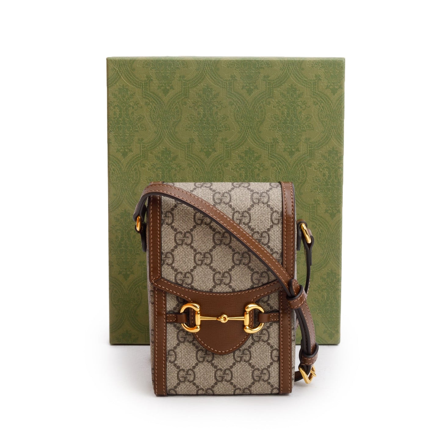 Gucci GG Supreme Brown Leather Trim Mini Horsebit 1955 Crossbody Bag