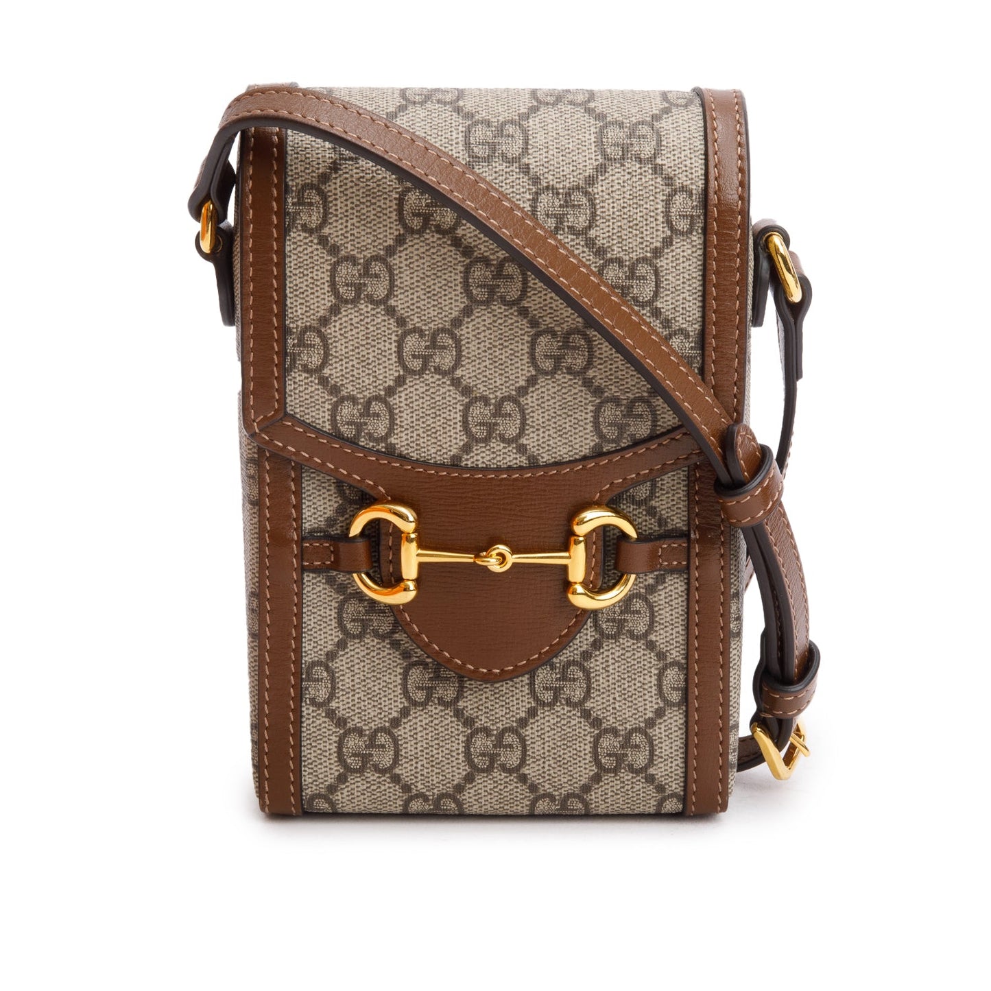 Gucci GG Supreme Brown Leather Trim Mini Horsebit 1955 Crossbody Bag