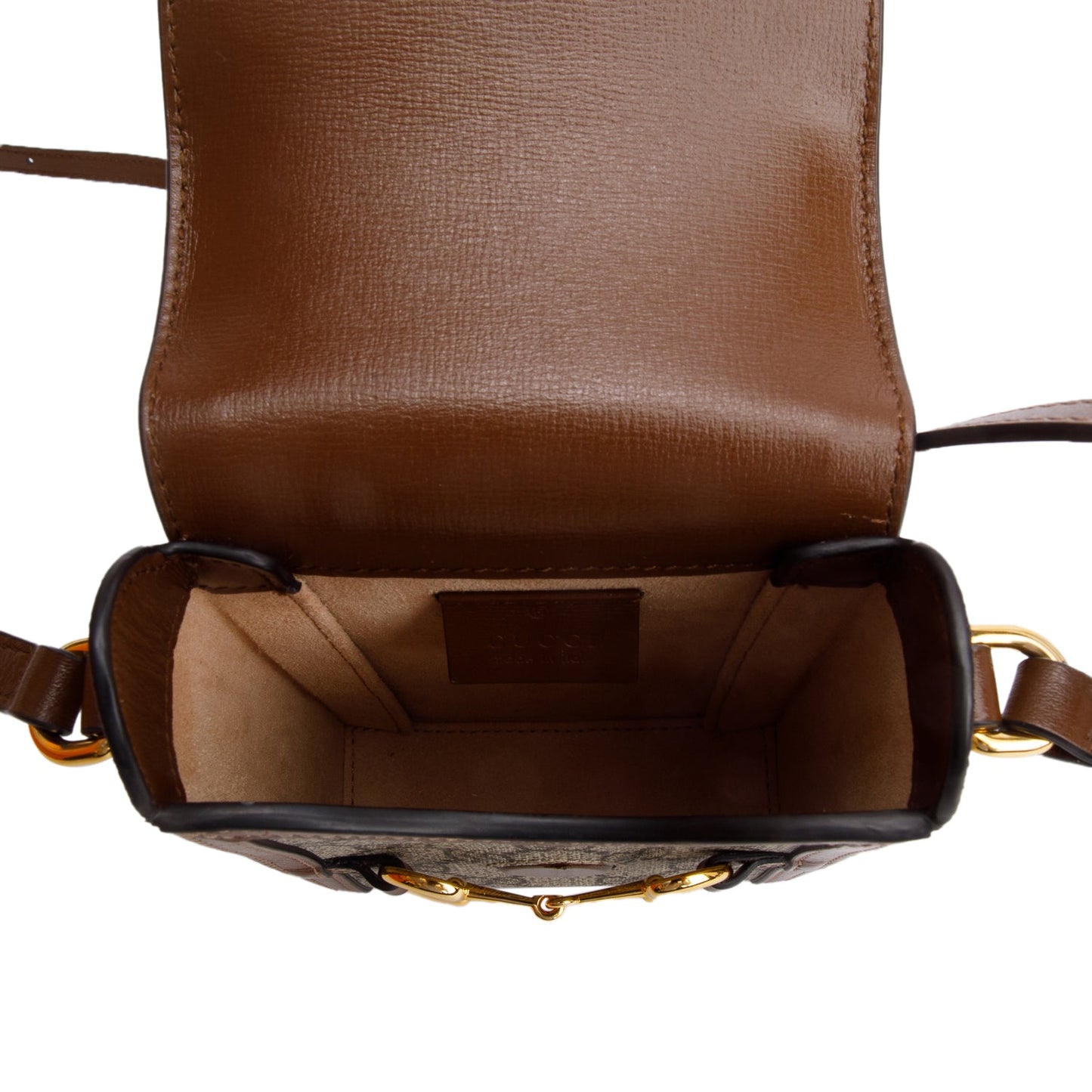 Gucci GG Supreme Brown Leather Trim Mini Horsebit 1955 Crossbody Bag