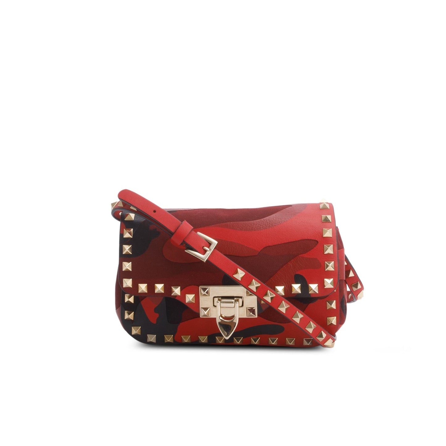 Valentino Red Nappa Canvas Camouflage Rockstud Flap Saddle Crossbody