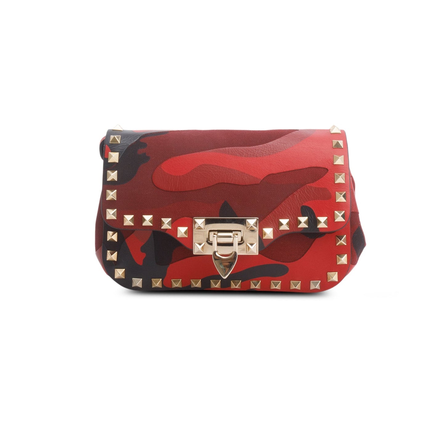 Valentino Red Nappa Canvas Camouflage Rockstud Flap Saddle Crossbody