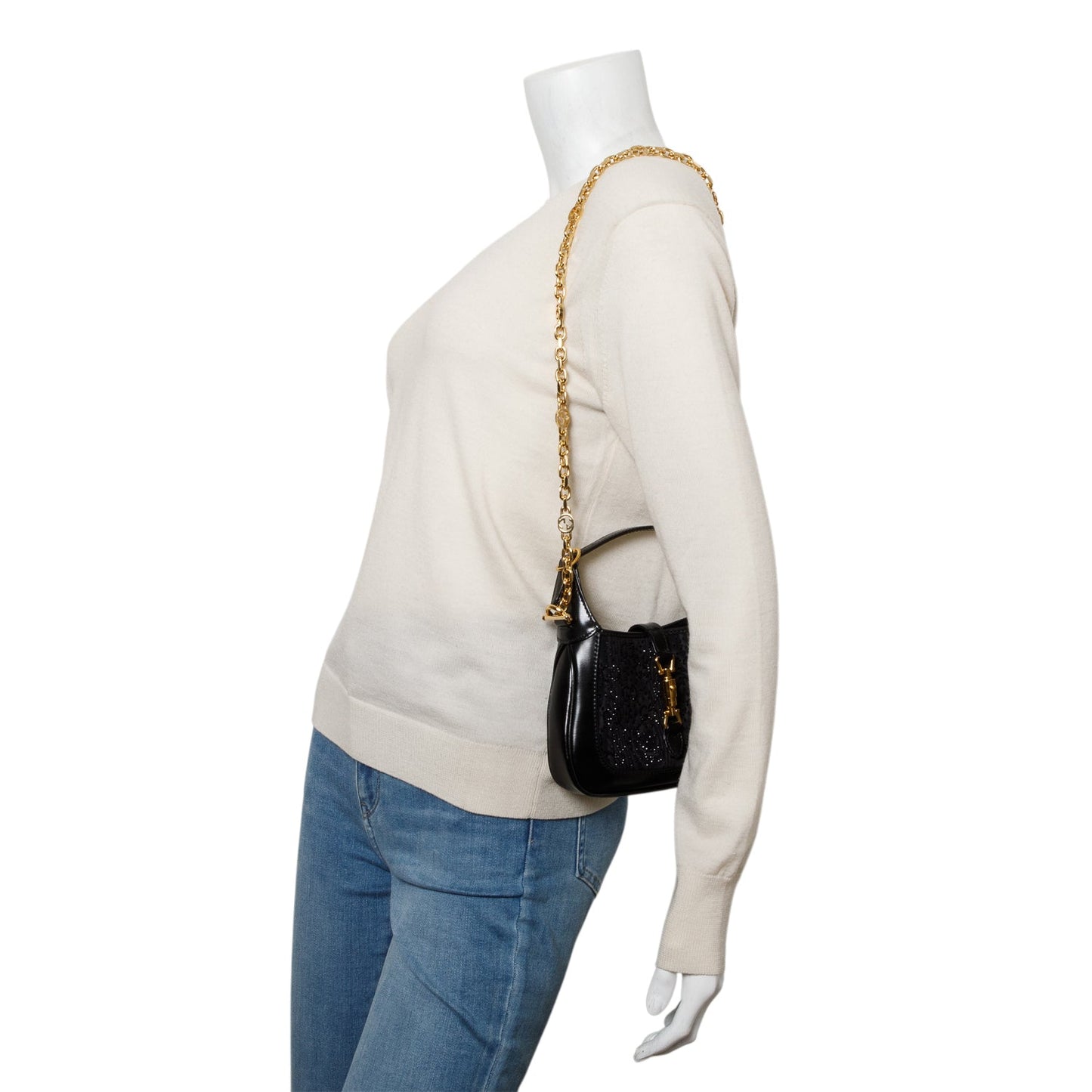 Gucci Black New Canvas Charisma Calfskin Crystal GG Monogram Mini Jackie 1961