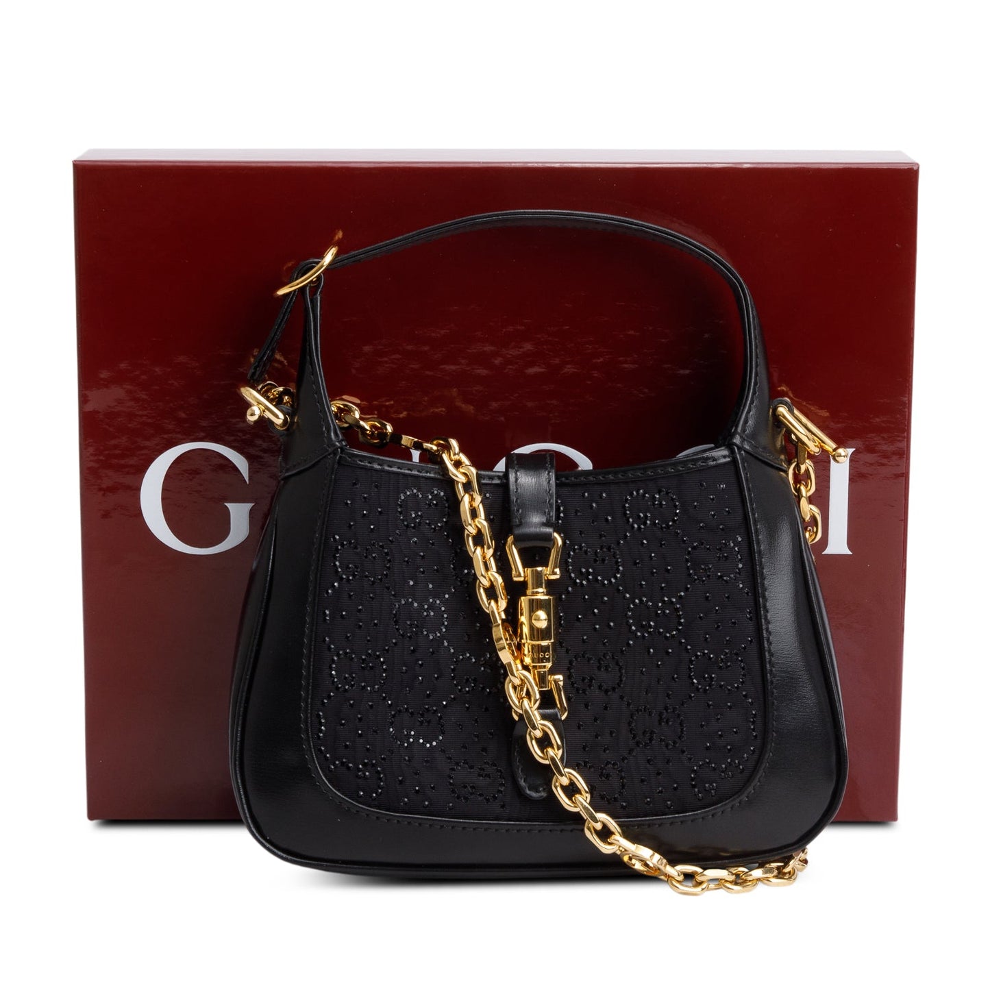 Gucci Black New Canvas Charisma Calfskin Crystal GG Monogram Mini Jackie 1961