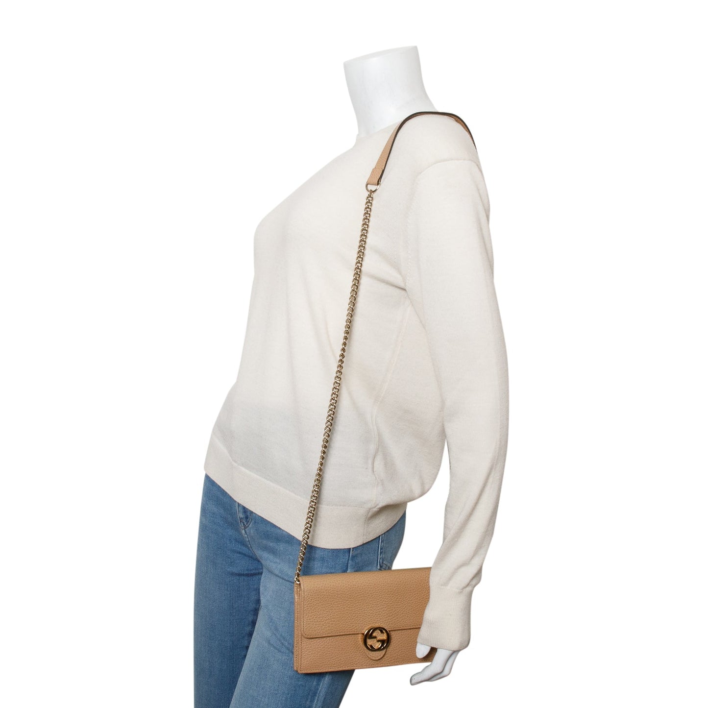 Gucci Beige Dollar Calfskin Leather Interlocking GG Wallet on Chain
