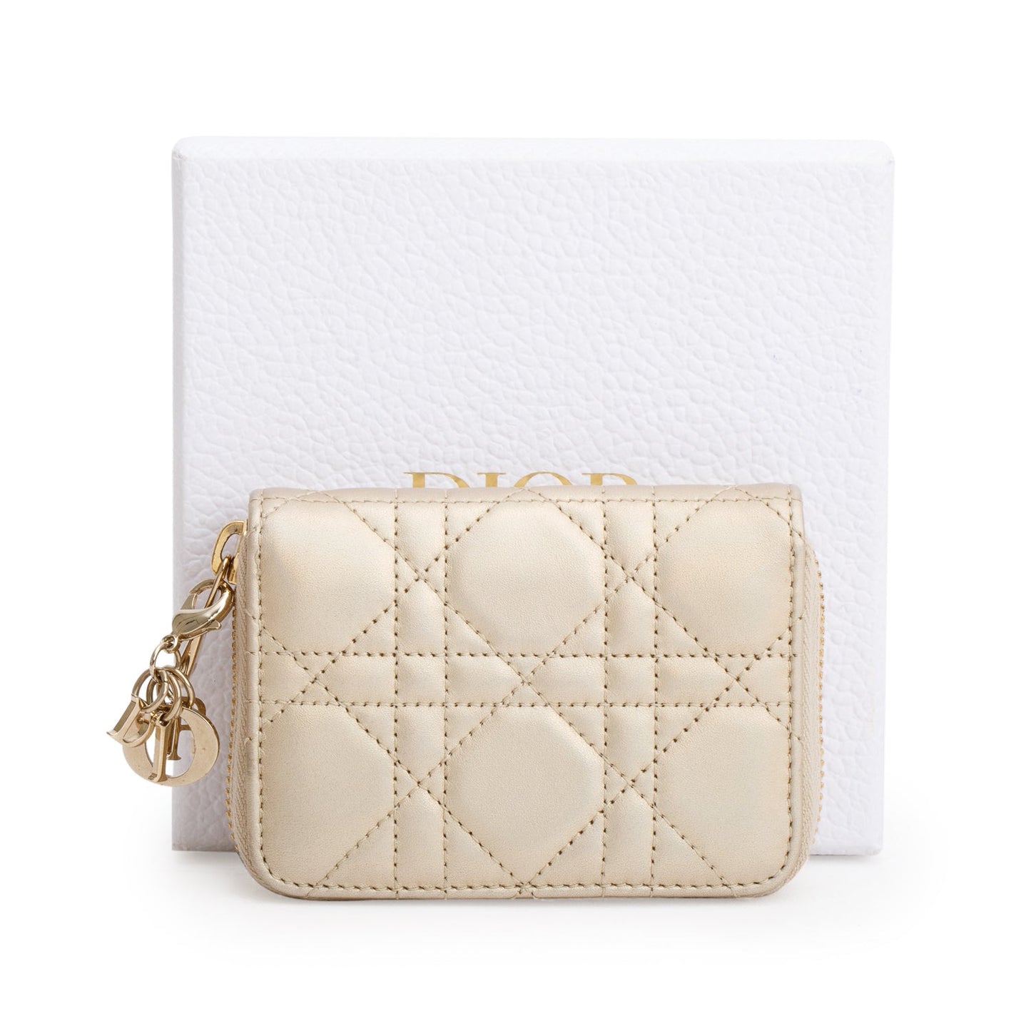 Christian Dior 2023 Iridescent Gold Cannage Lambskin Small Lady Dior Voyageur Coin Purse