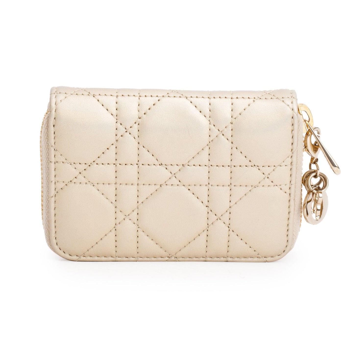 Christian Dior 2023 Iridescent Gold Cannage Lambskin Small Lady Dior Voyageur Coin Purse