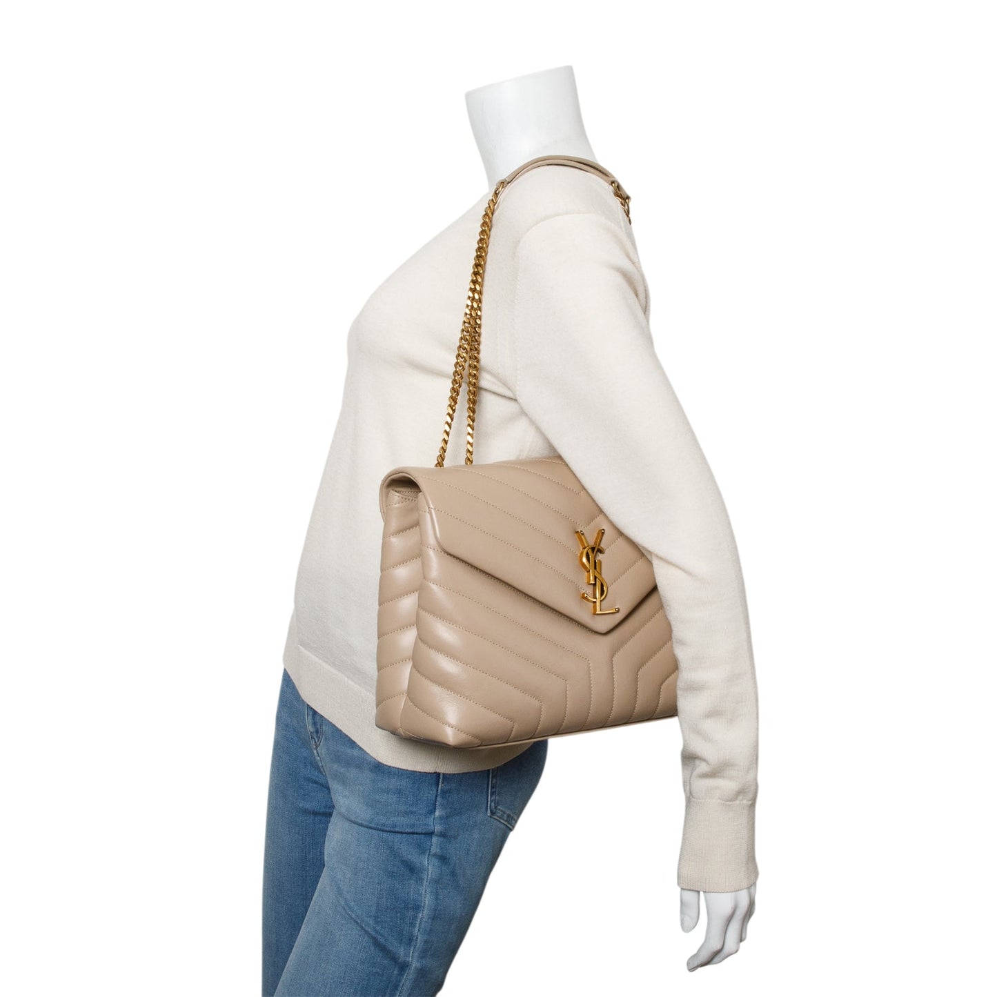 Saint Laurent 2022 Beige Calfskin Y Quilted Monogram Medium Loulou Chain Satchel