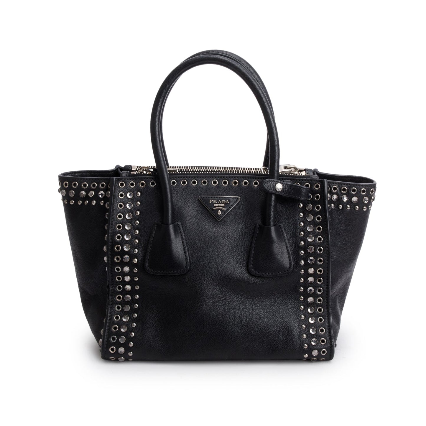 Prada Black Glace Calf Studded Twin Pocket Tote