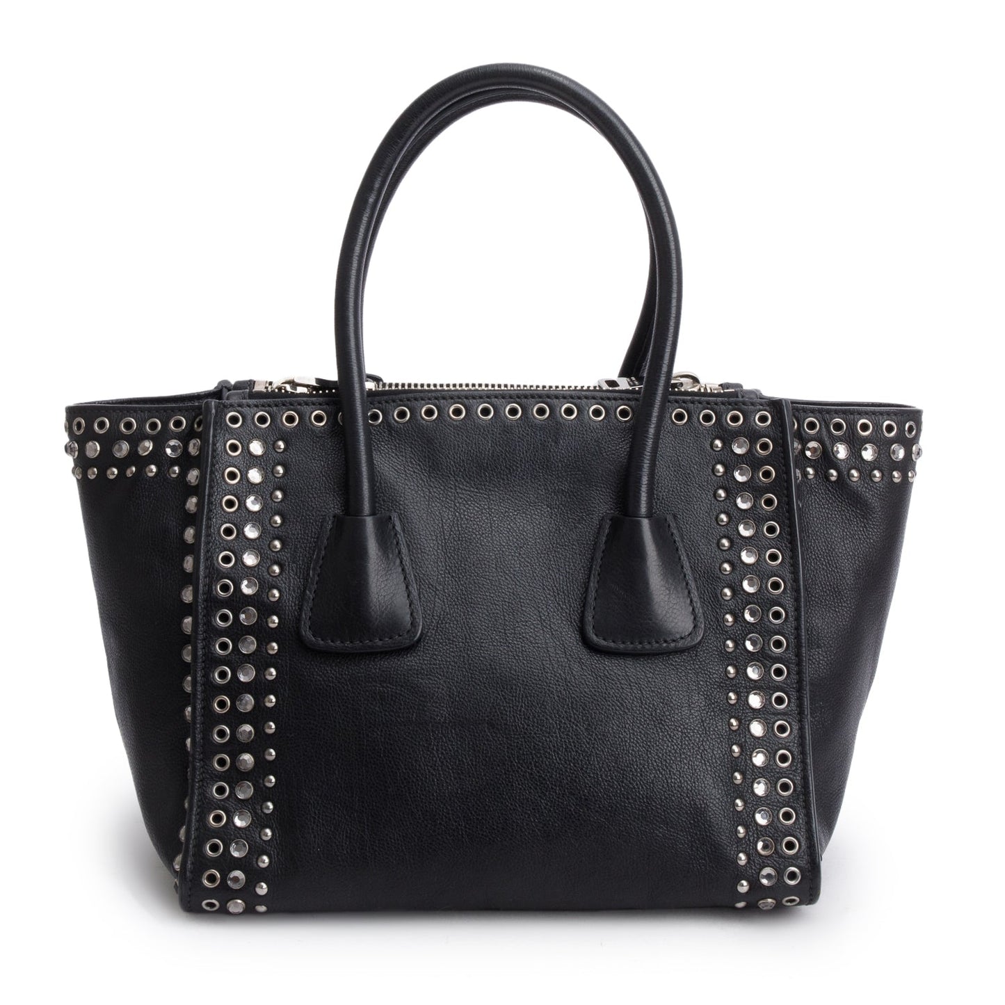 Prada Black Glace Calf Studded Twin Pocket Tote