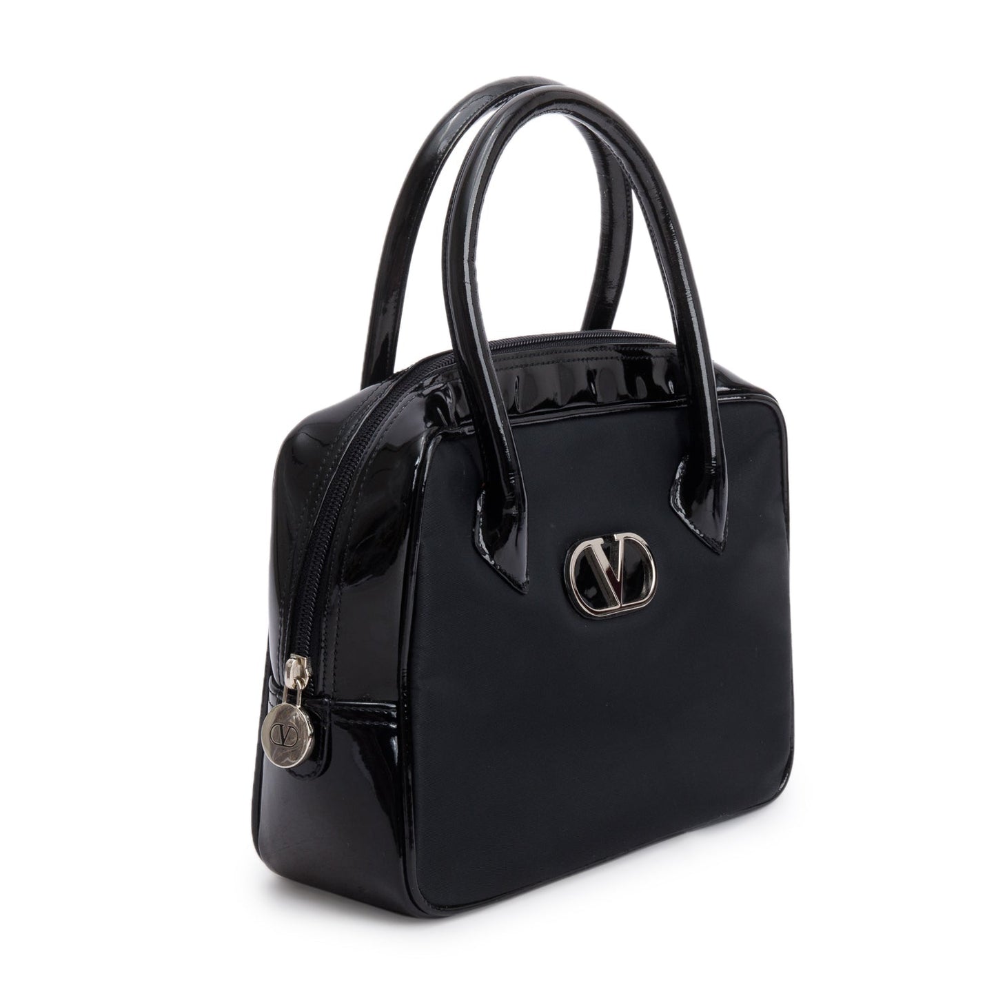 Valentino Black Nylon Patent Leather Top Handle Bag