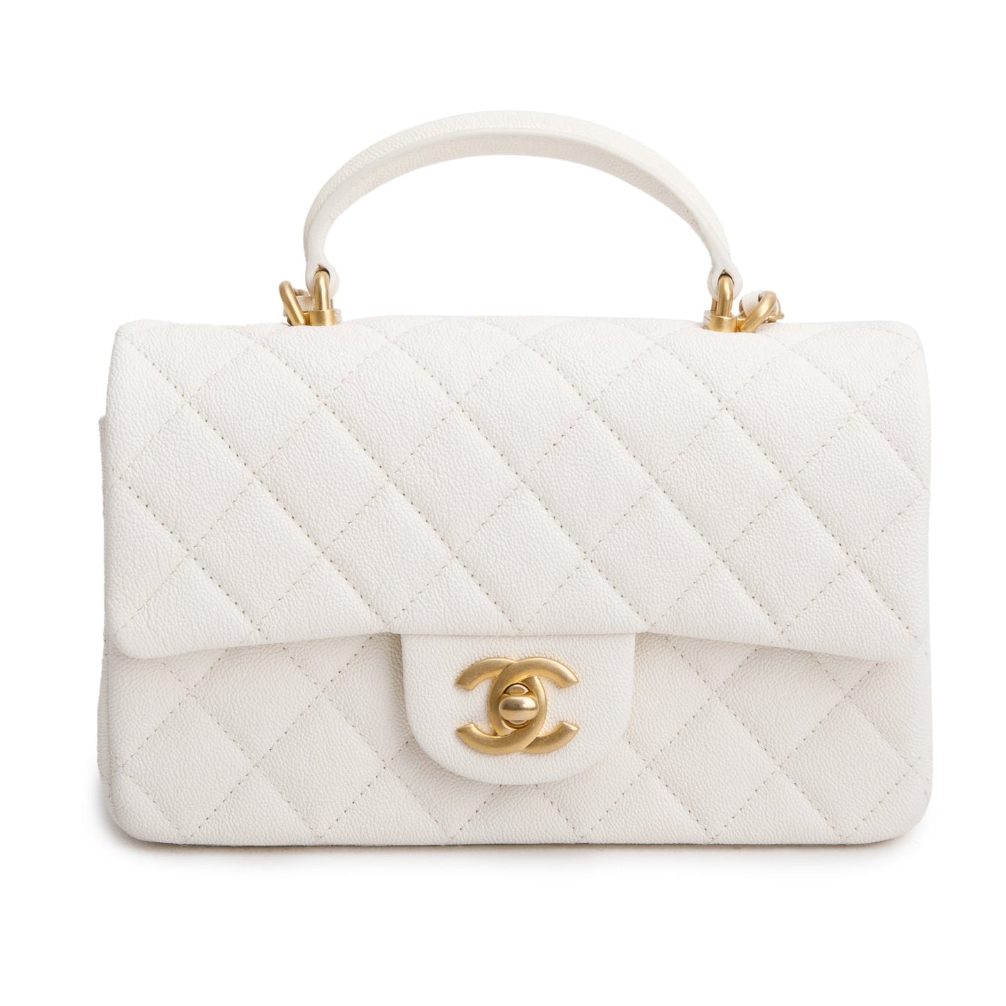 Chanel 2021 White Caviar Quilted Mini Top Handle Rectangular Bag