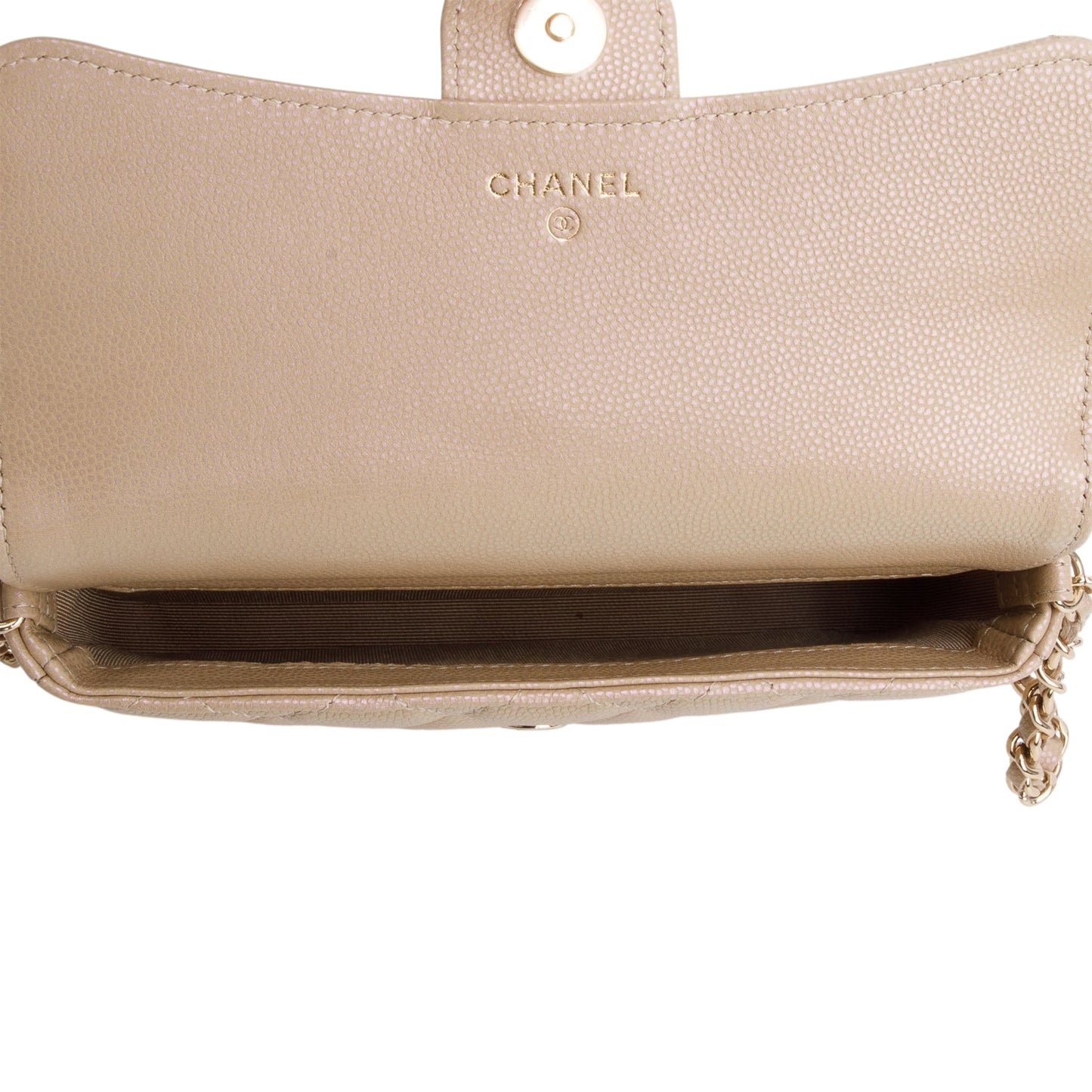 Chanel 2021 Beige Iridescent Caviar Quilted Phone Holder Wallet on Chain