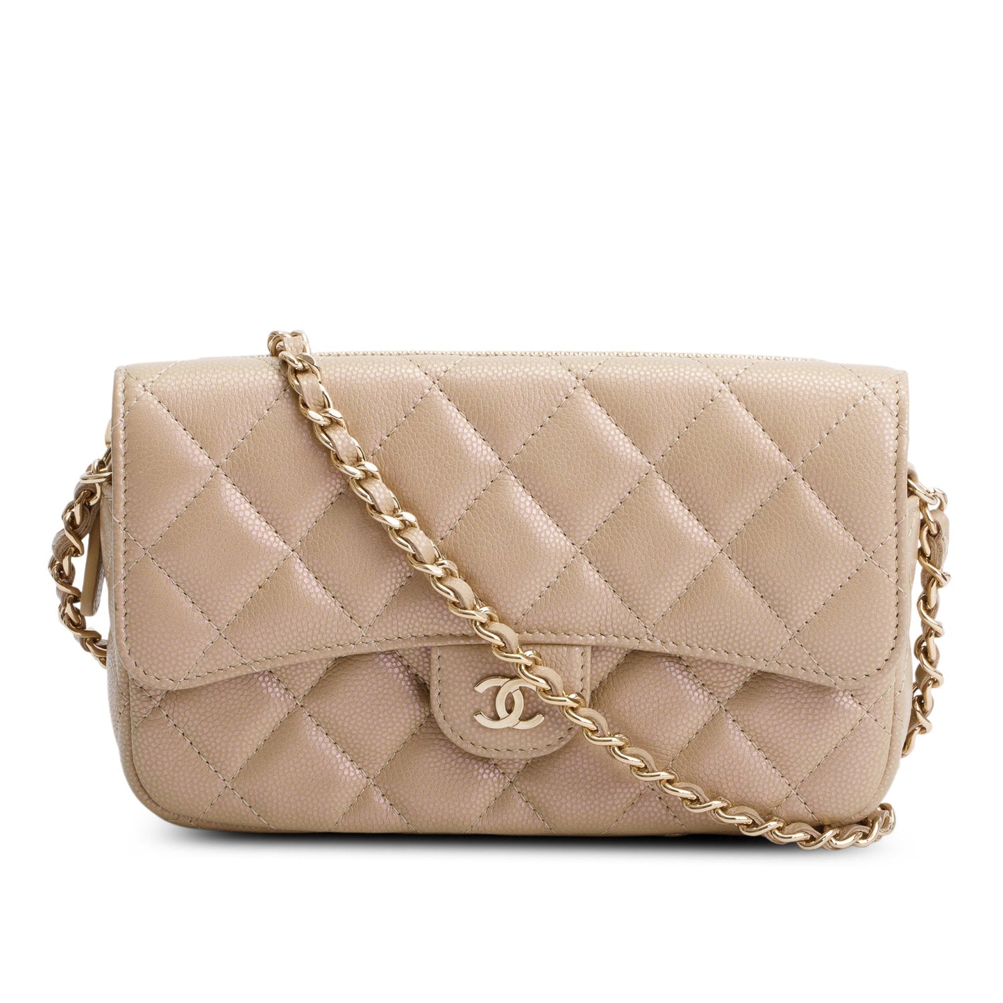 Chanel 2021 Beige Iridescent Caviar Quilted Phone Holder Wallet on Chain