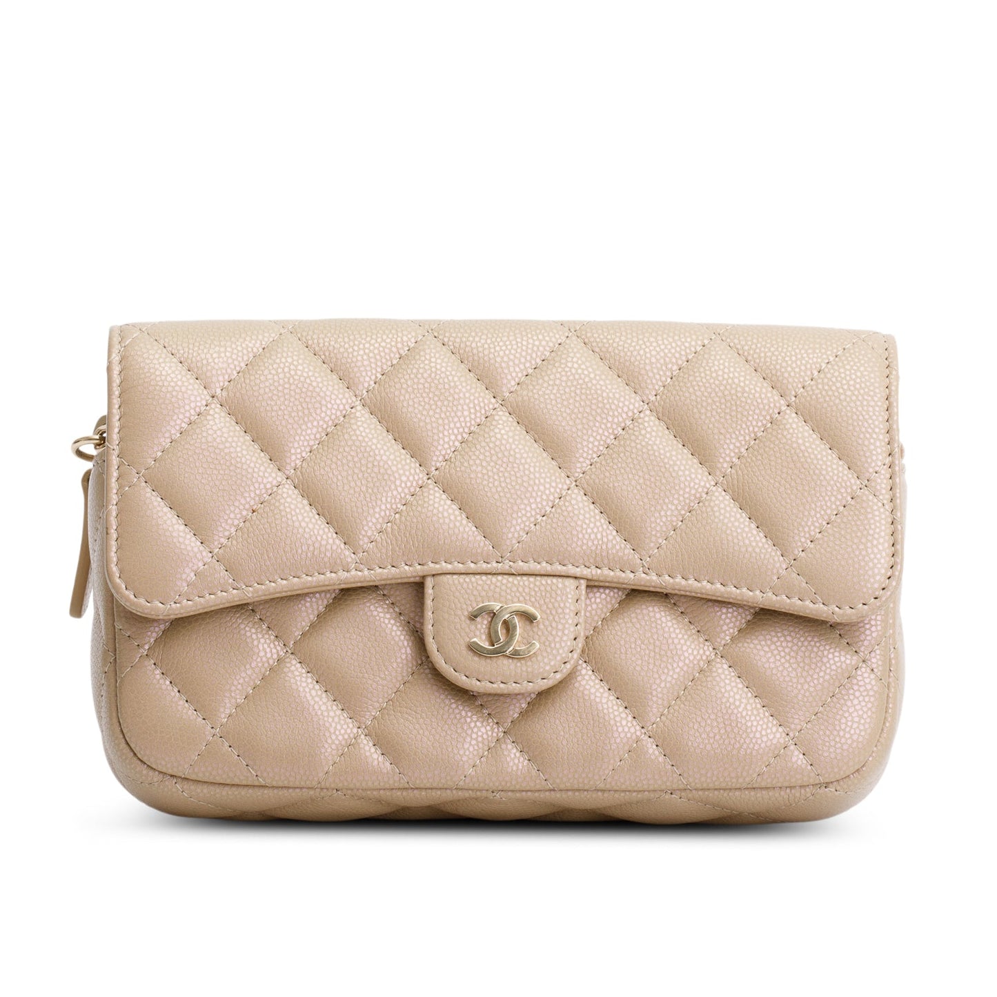 Chanel 2021 Beige Iridescent Caviar Quilted Phone Holder Wallet on Chain