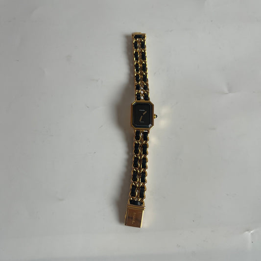CHANEL 1987 Vintage PREMIERE Watch L Black Leather and 24KT Yellow Gold Plated