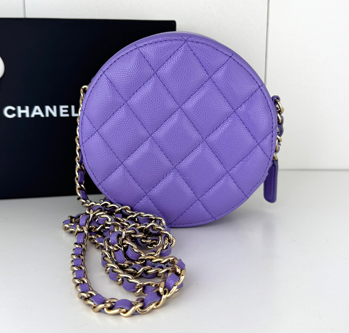 Chanel Caviar Quilted Round Clutch With Chain Purple