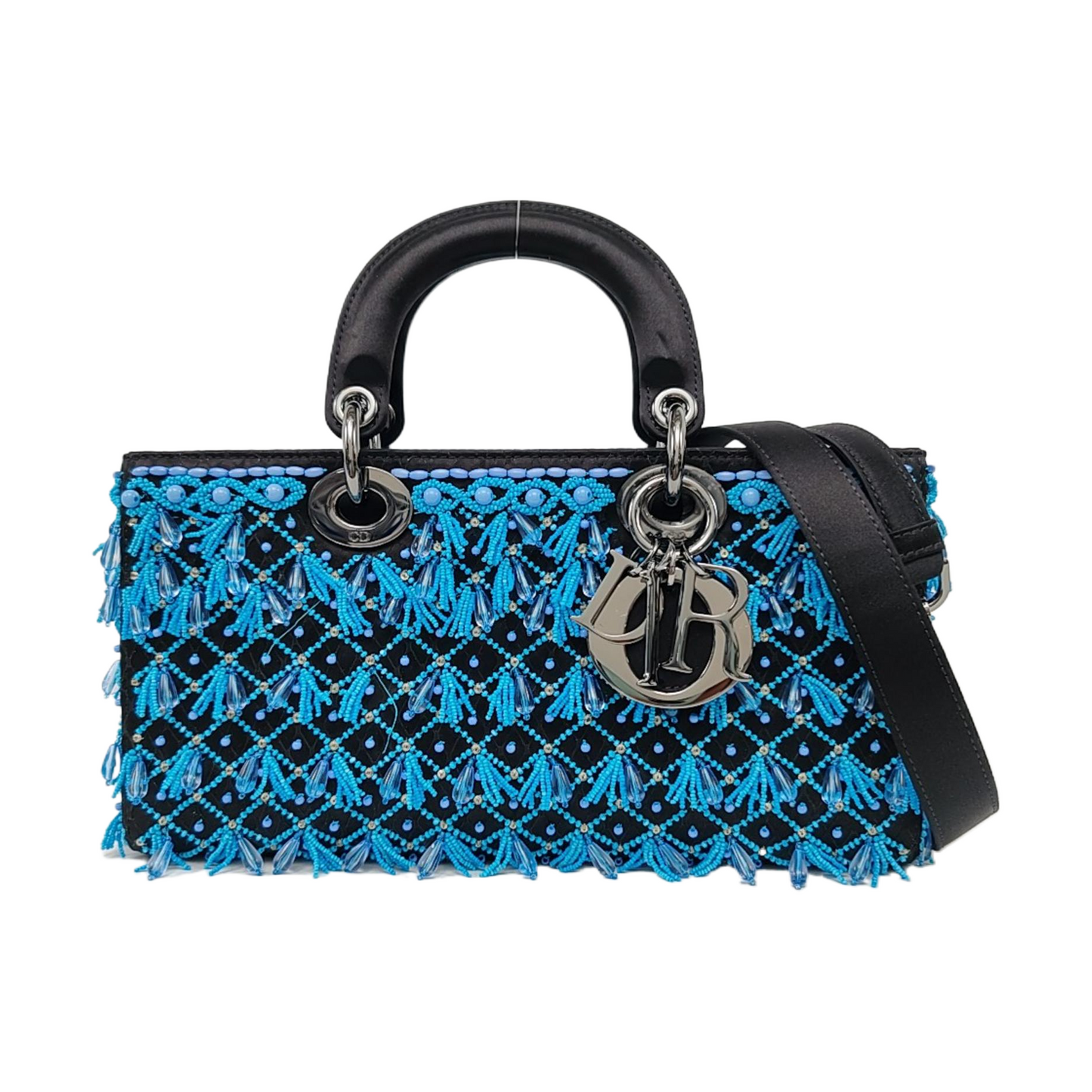 Lady D-Joy Medium Bag Exceptional Piece Black Silk Satin Turquoise Beaded Tassel