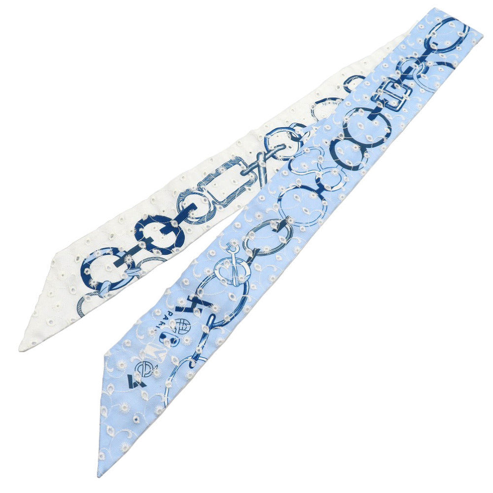 HERMES scarf silk blue Twilly de les Boucles Broderie Anglaise Women