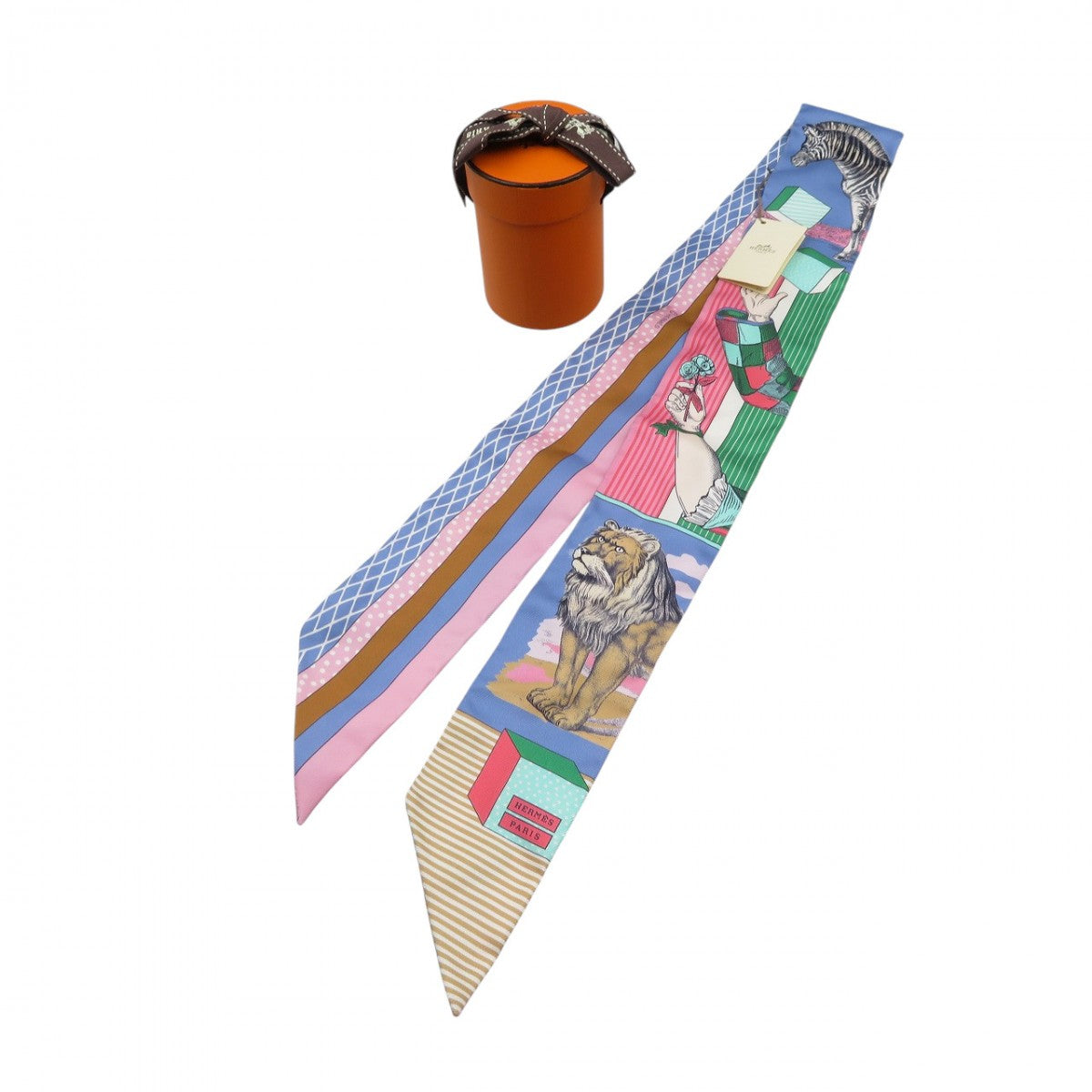 HERMES scarf silk Blue Laband Twilly GRAND THEATRE NOUVEAU Women