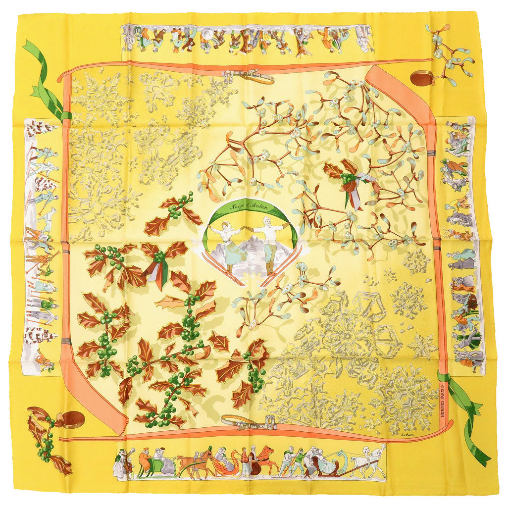 HERMES scarf silk yellow Carre90 Neige d'Antan Last year's snow Christmas Women