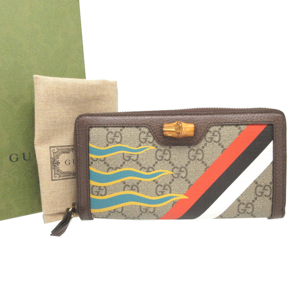 GUCCI Long Wallet Purse 658634 GG Supreme, Leather beige Zip Around Bamboo Diana unisex(Unisex)