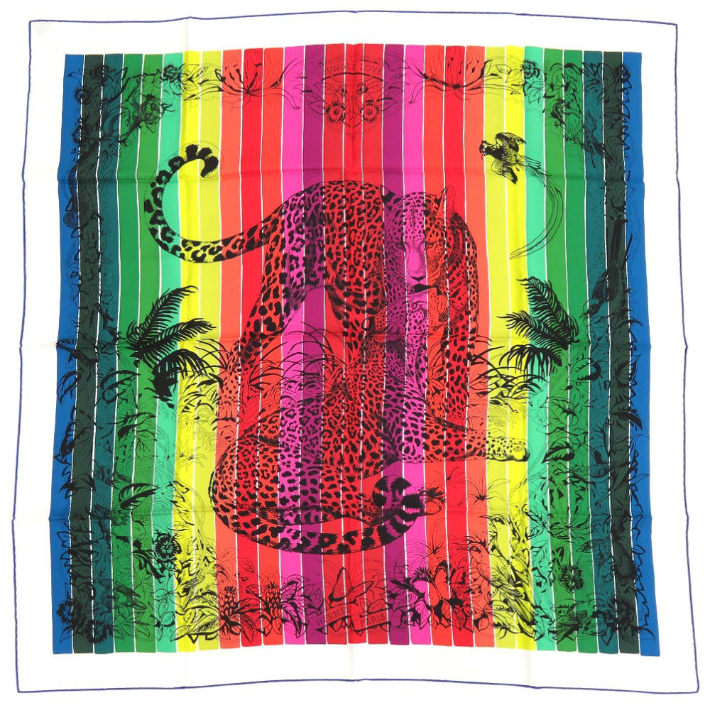 HERMES scarf silk multicolor Leopard animal stole shawl Carre90 JUNGLE LOVE RAINBOW Women