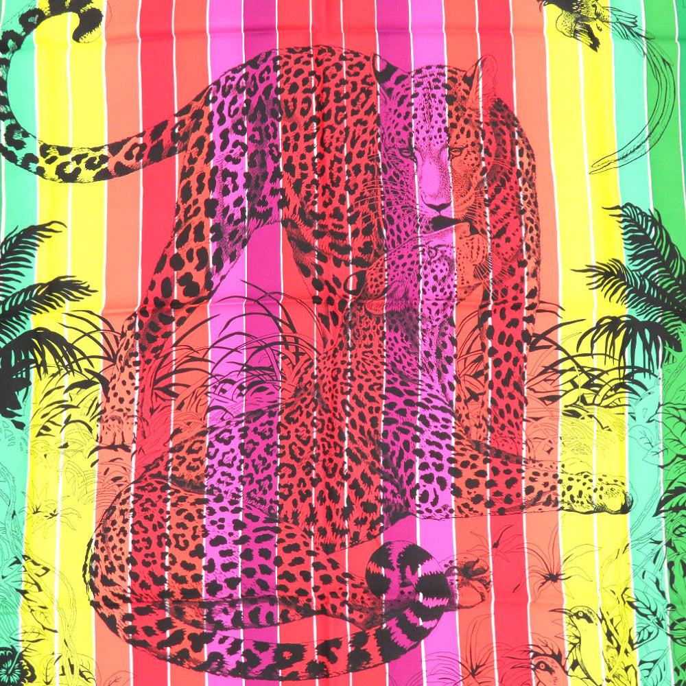 HERMES scarf silk multicolor Leopard animal stole shawl Carre90 JUNGLE LOVE RAINBOW Women