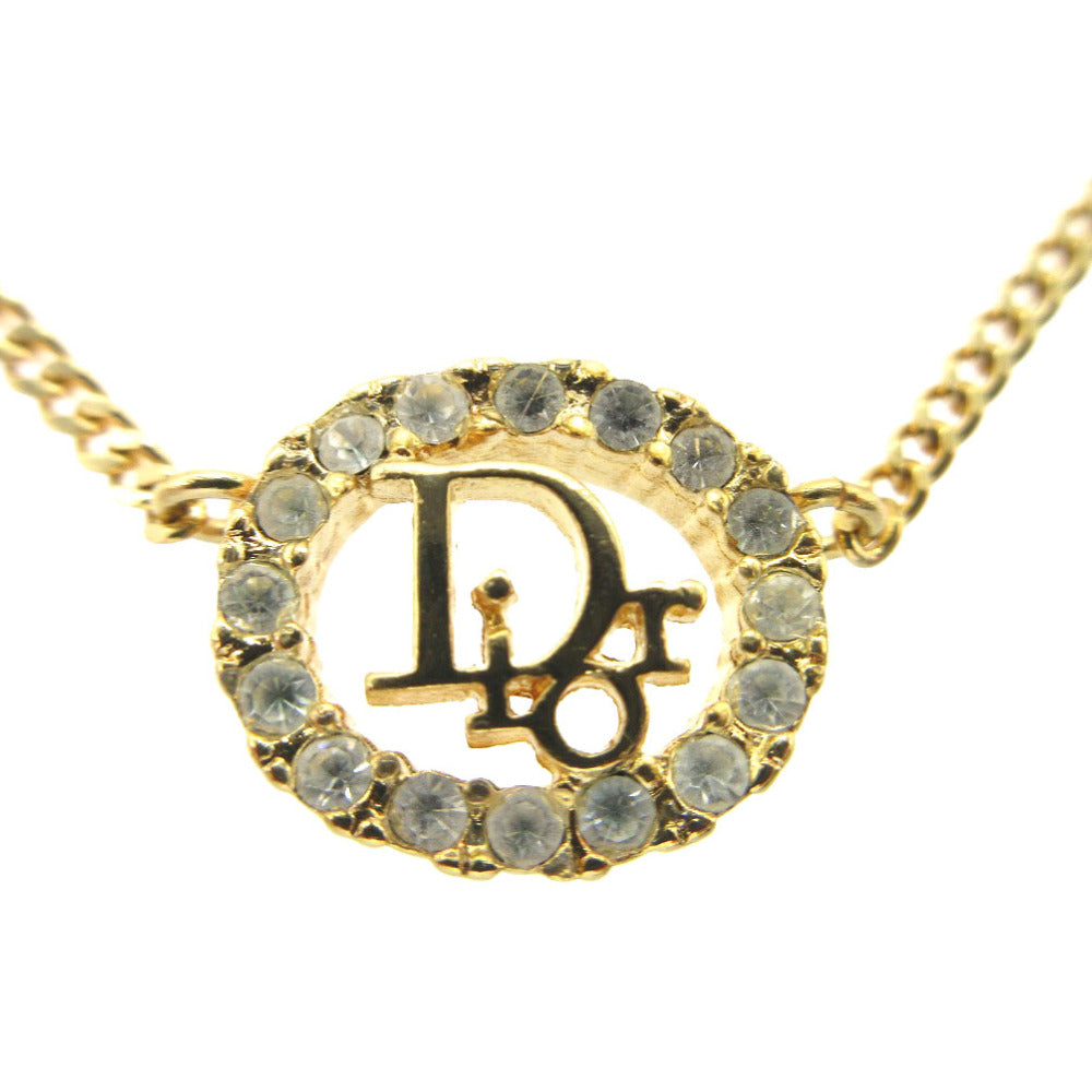 Christian Dior Necklace Gold Plated, Rhinestone gold Vintage logo oval Women