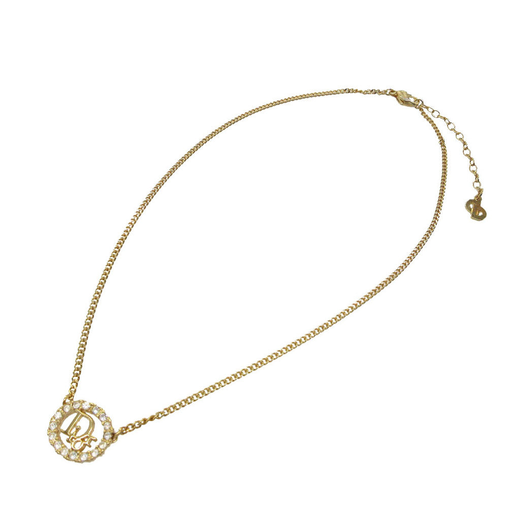 Christian Dior Necklace Gold Plated, Rhinestone gold Vintage logo oval Women