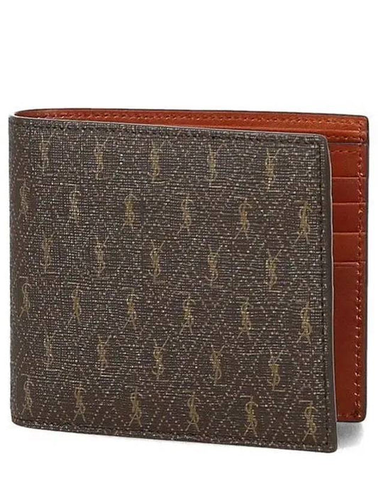 Luxury Saint Laurent Trending 2025 Men’s Monogram Canvas and Smooth Leather Half Wallet Chestnut