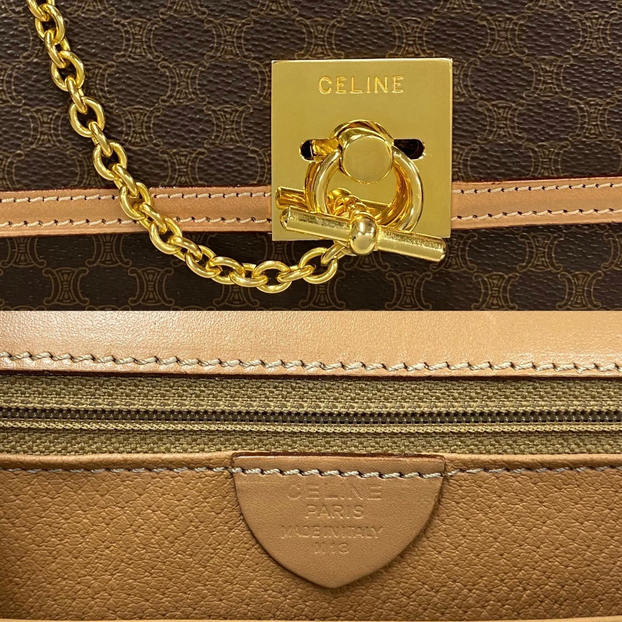 CELINE Handbag Leather, PVC Brown Macadam Blason Triomphe logo ring Metal Women