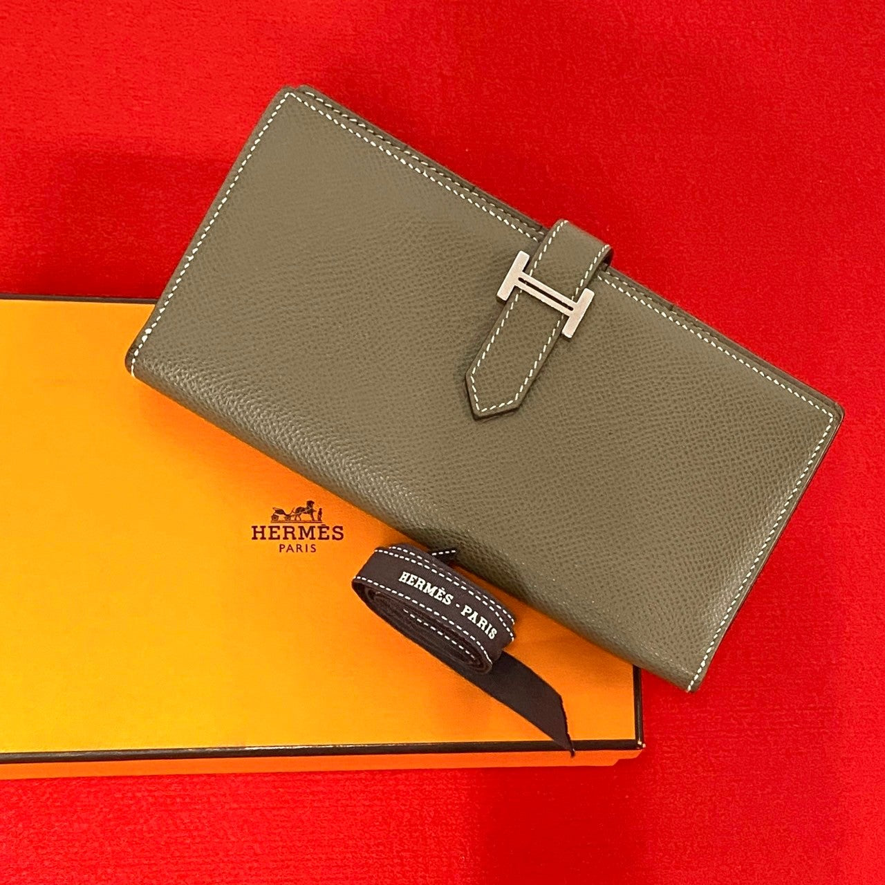 HERMES Long Wallet Purse Epsom gray logo Metal Beance fleet Women(Unisex)
