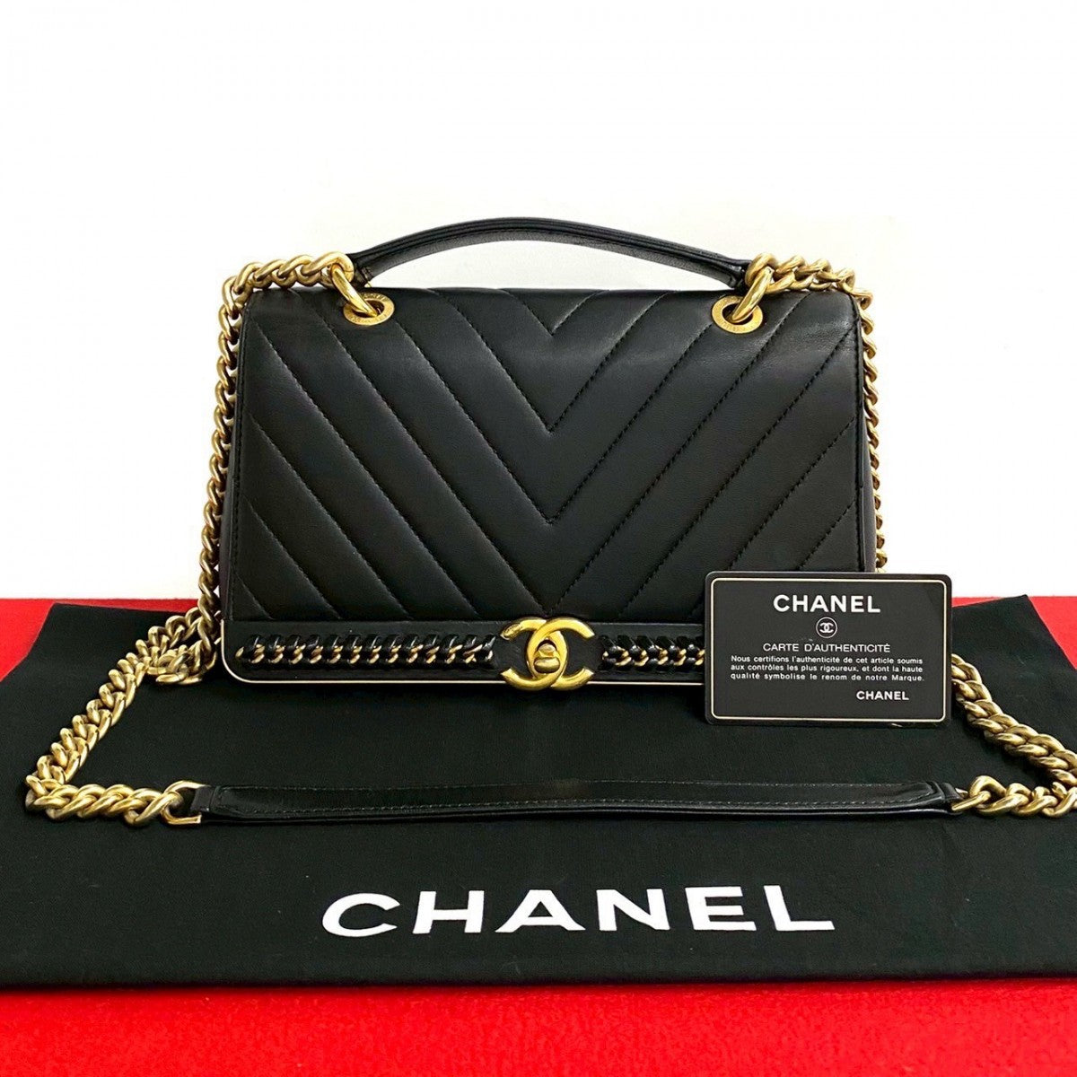 CHANEL Shoulder Bag leather black Vstitch Women