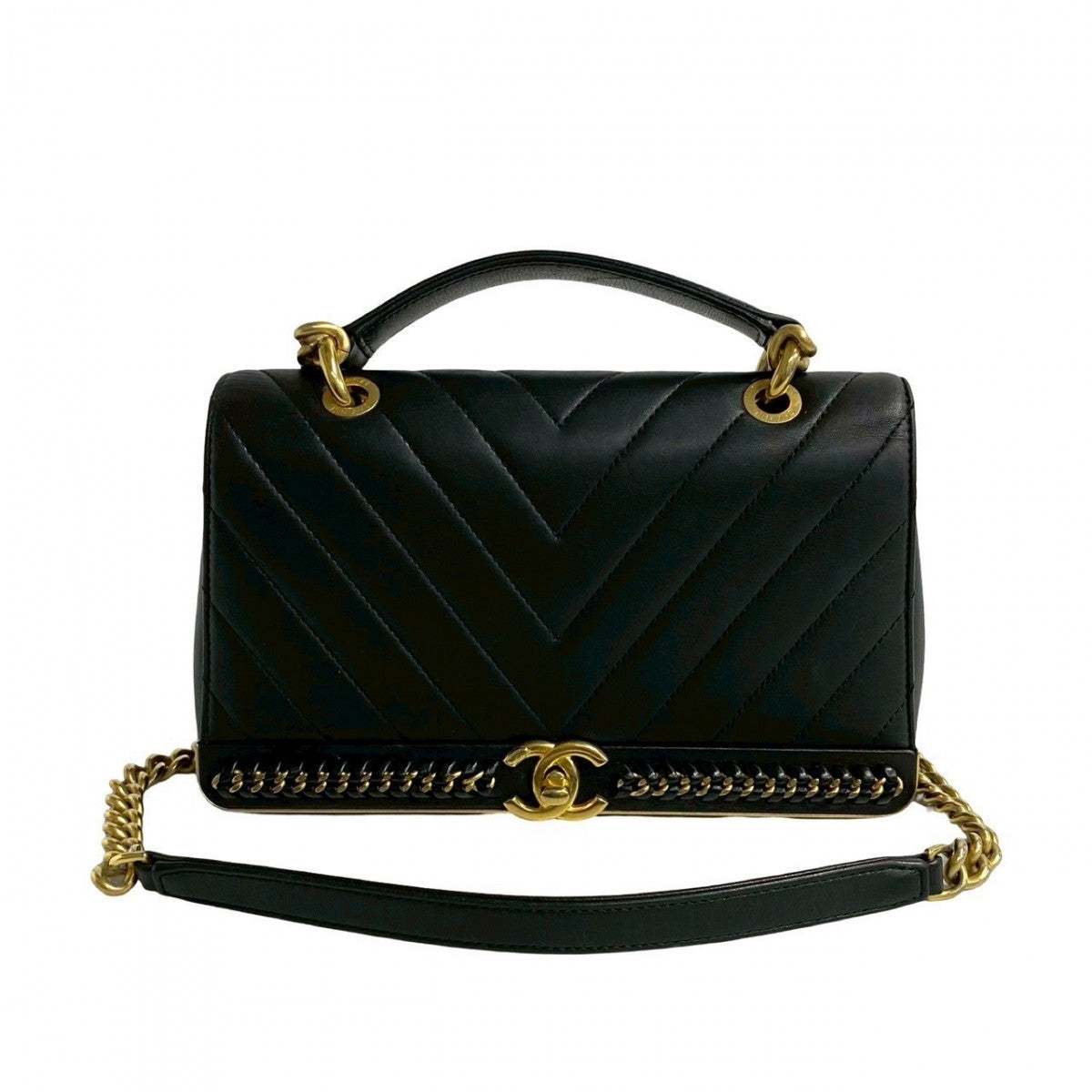 CHANEL Shoulder Bag leather black Vstitch Women