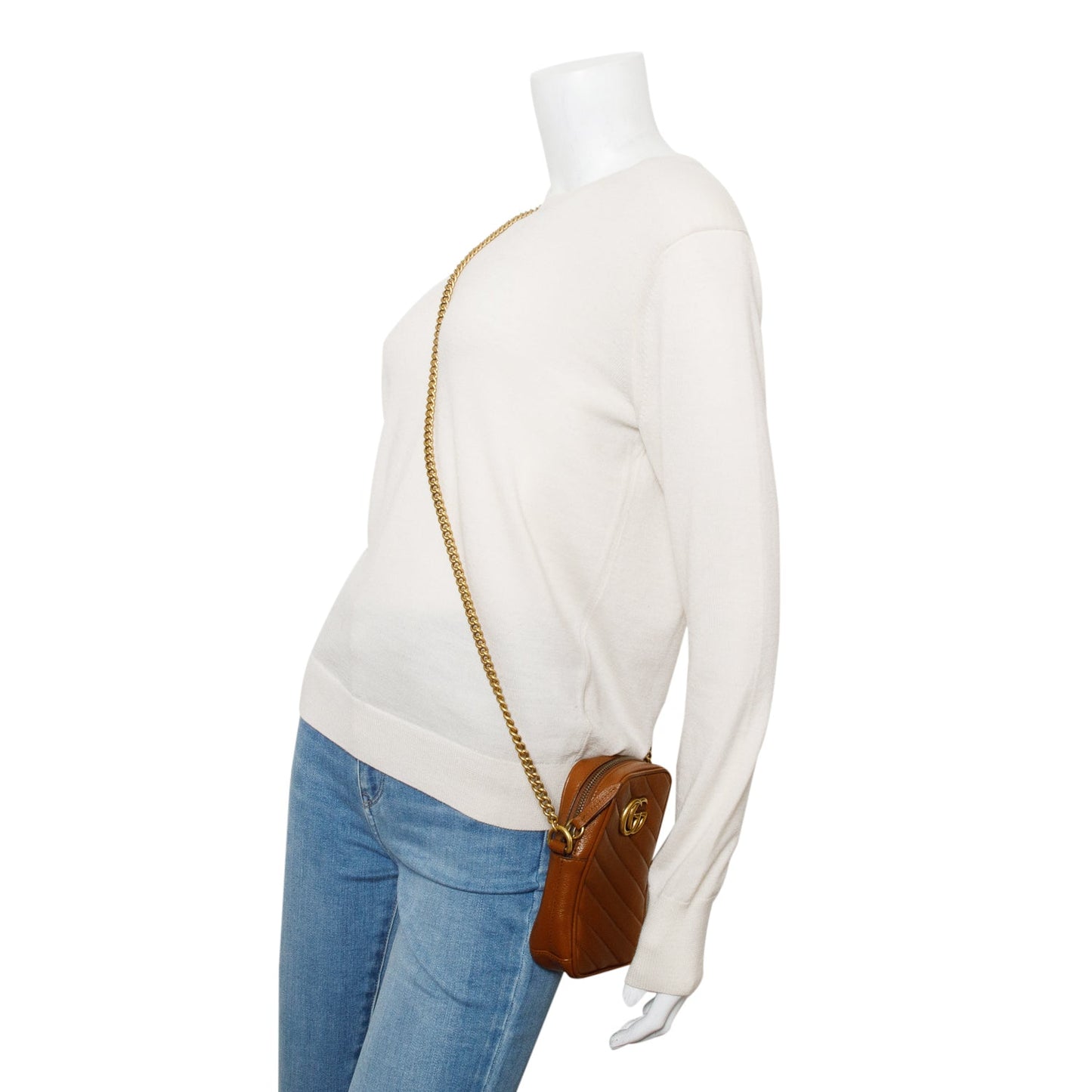 Gucci Brown Calfskin Matelasse Mini GG Marmont Chain Shoulder Bag